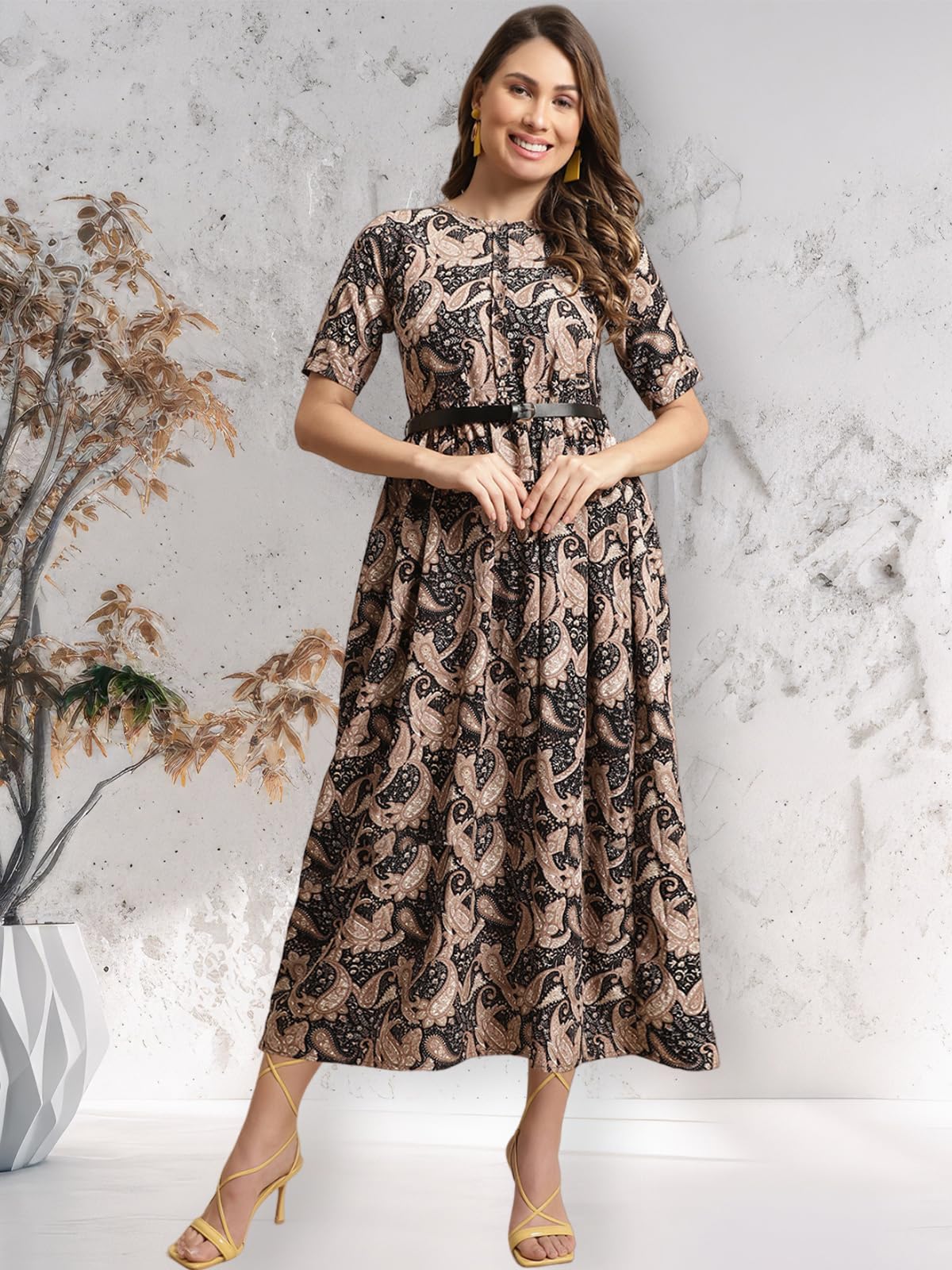 Preneum Girls's Georgette Floral Printed 3/4 Slevees A-Line Fit & Flare Gown With Belt, Black, M