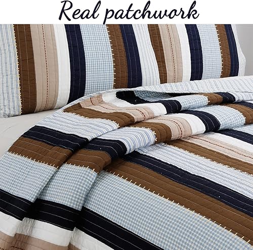 Miniatura 6 de Cozy Line Home Fashions Juego de ropa de cama reversible de 100 % algodón, a cuadros, color marrón marino, colcha para todas las estaciones (Nathan