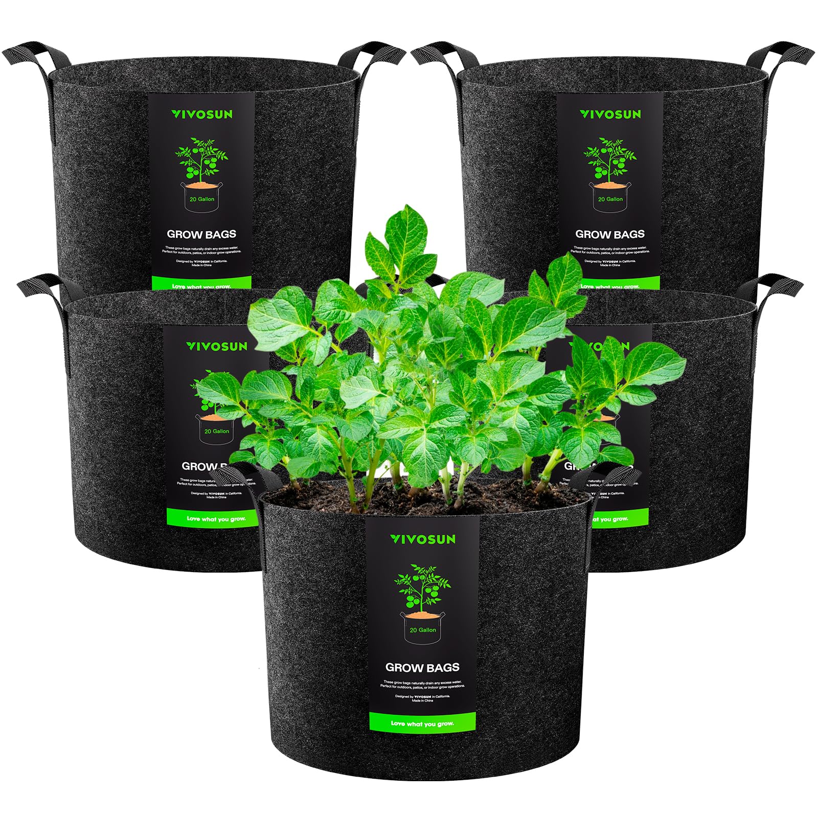VIVOSUN5-Pack 20 Gallon Plant Grow Bags, Heavy Duty Thickened Nonwoven Fabric Pots with Handles