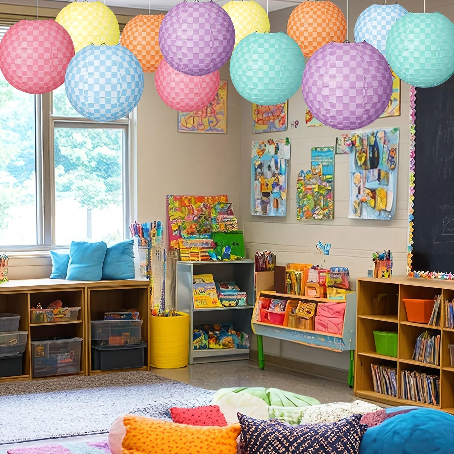Gerrii 12 Pcs Gingham Hanging Lanterns 8 Inch Pastel Decorative Paper Lanterns Groovy Art Room Checked Ceiling Decoration Colorful First Day Back to Shcool Party Supply