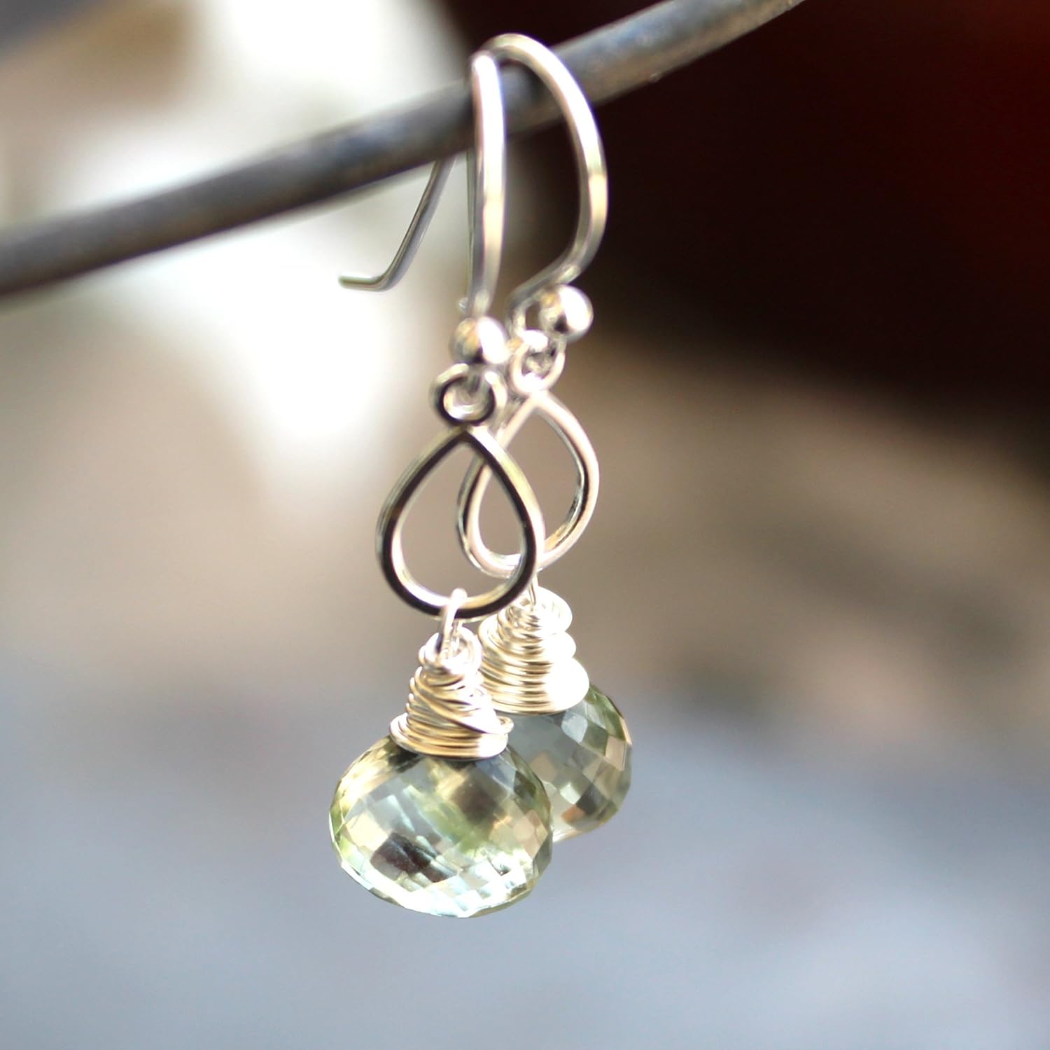 Green Amethyst Earrings Sterling Silver Prasiolite Gemstones Teardrops