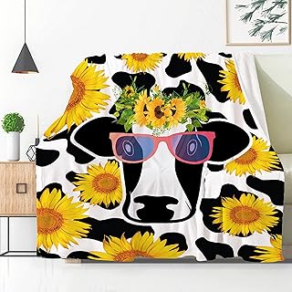 Sunflower Cow Throw Blanket, Milk Cow Print Blanket Plush for Baby Girls Boys Gifts, Ultral Soft Lightweight Cozy Flower Flannel Fleece Suit for Sofa, Couch, Bed, 40