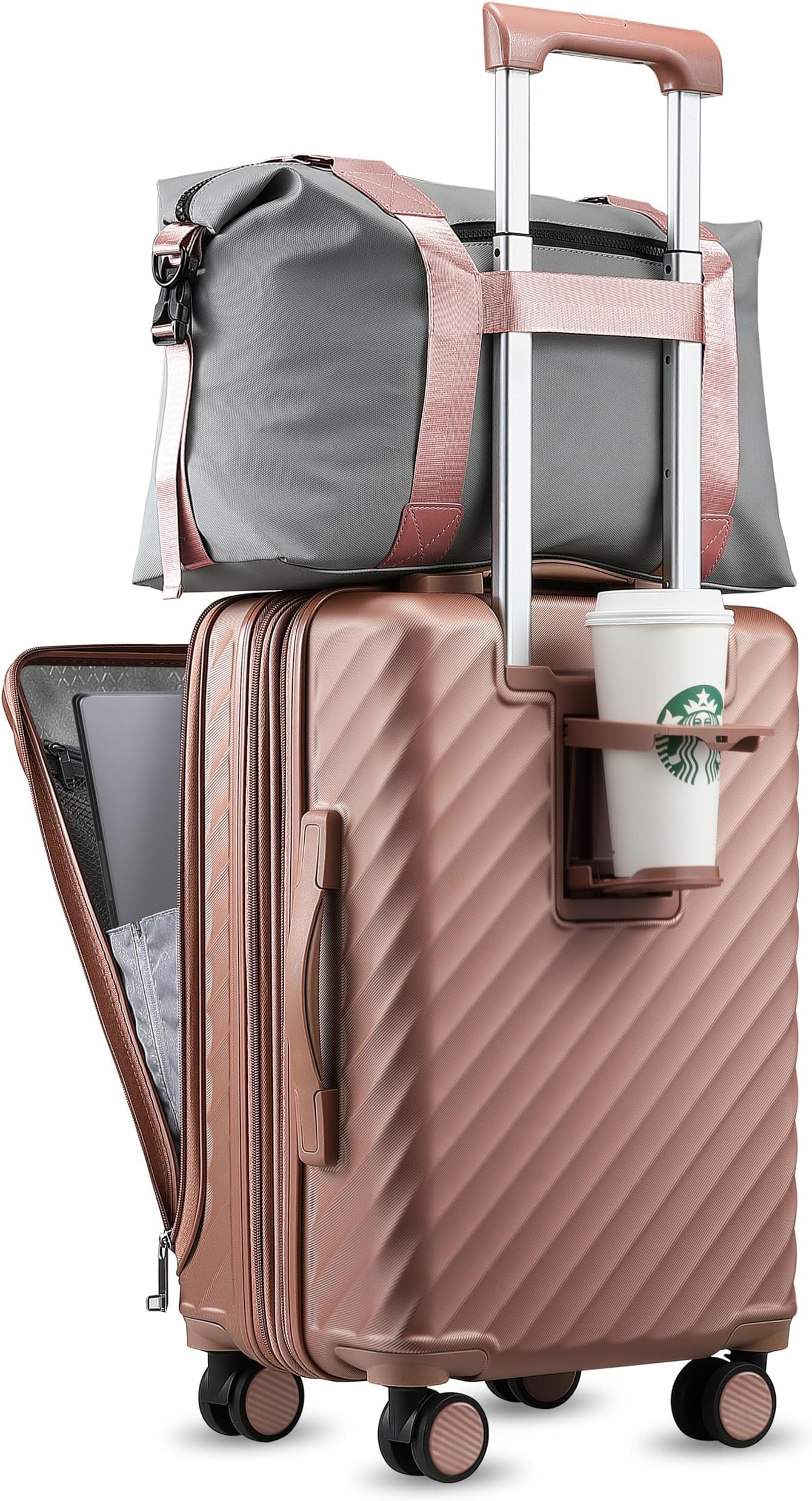 LUGGEXCarry On Luggage with Cup Holder and Front Pocket, Expandable PC Hard Shell Suitcase 2 Piece (Rose Gold, 20/Tote), Rose Gold, 2-Piece Set (20/Tote）, Luggage