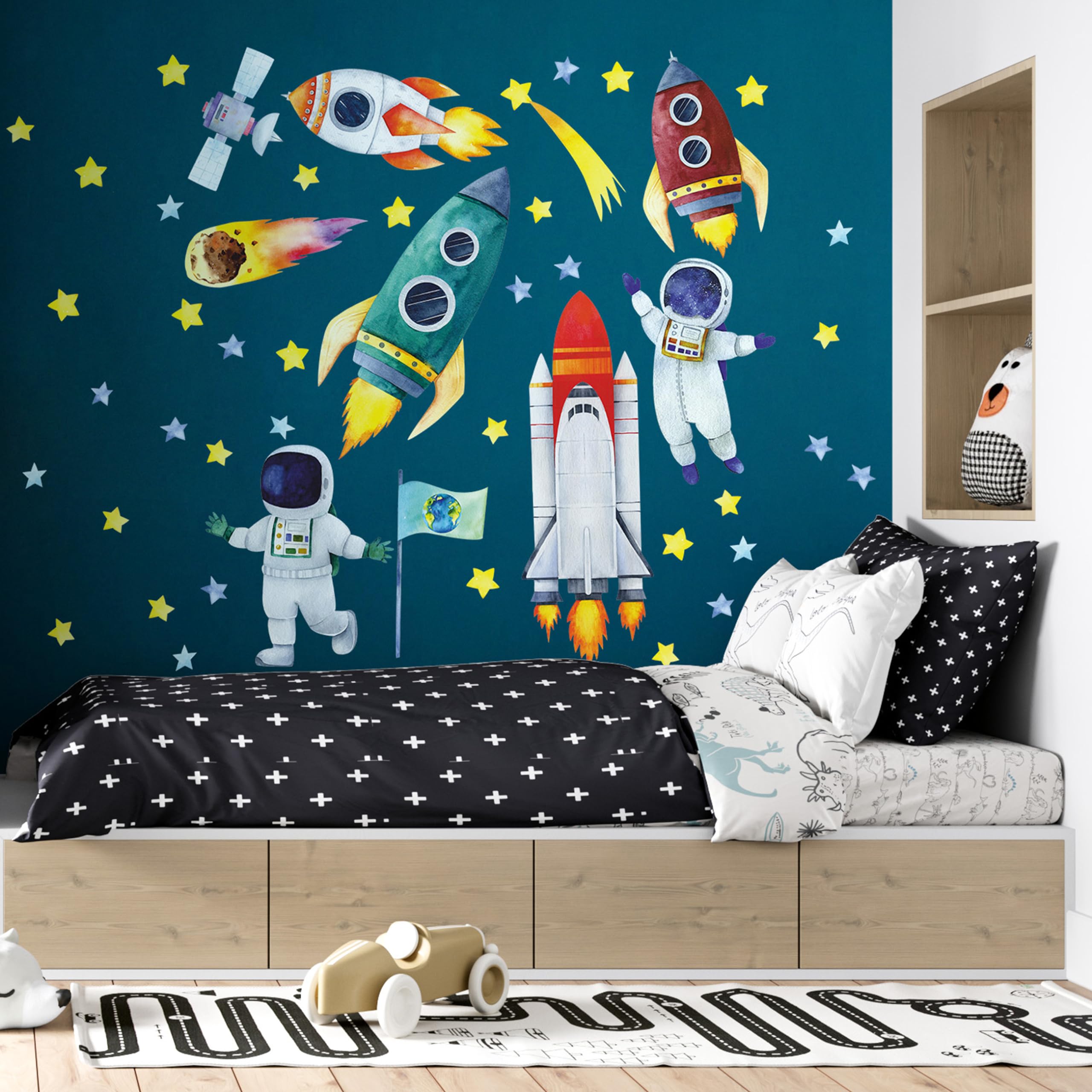 Adesivo da parete ad acquerello, spaziale, razzi, cosmonauti, peeling e incollaggio, spazi, camera da letto, sala giochi (XXL)