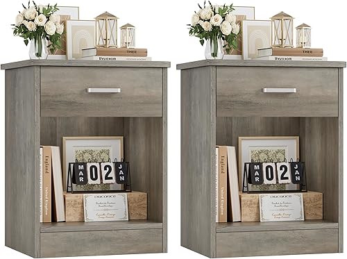 FOTOSOK Juego de 2 mesitas de noche, mesa auxiliar de 2 niveles con cajón y estante de almacenamiento, mesa auxiliar de mesita de noche, mesita de