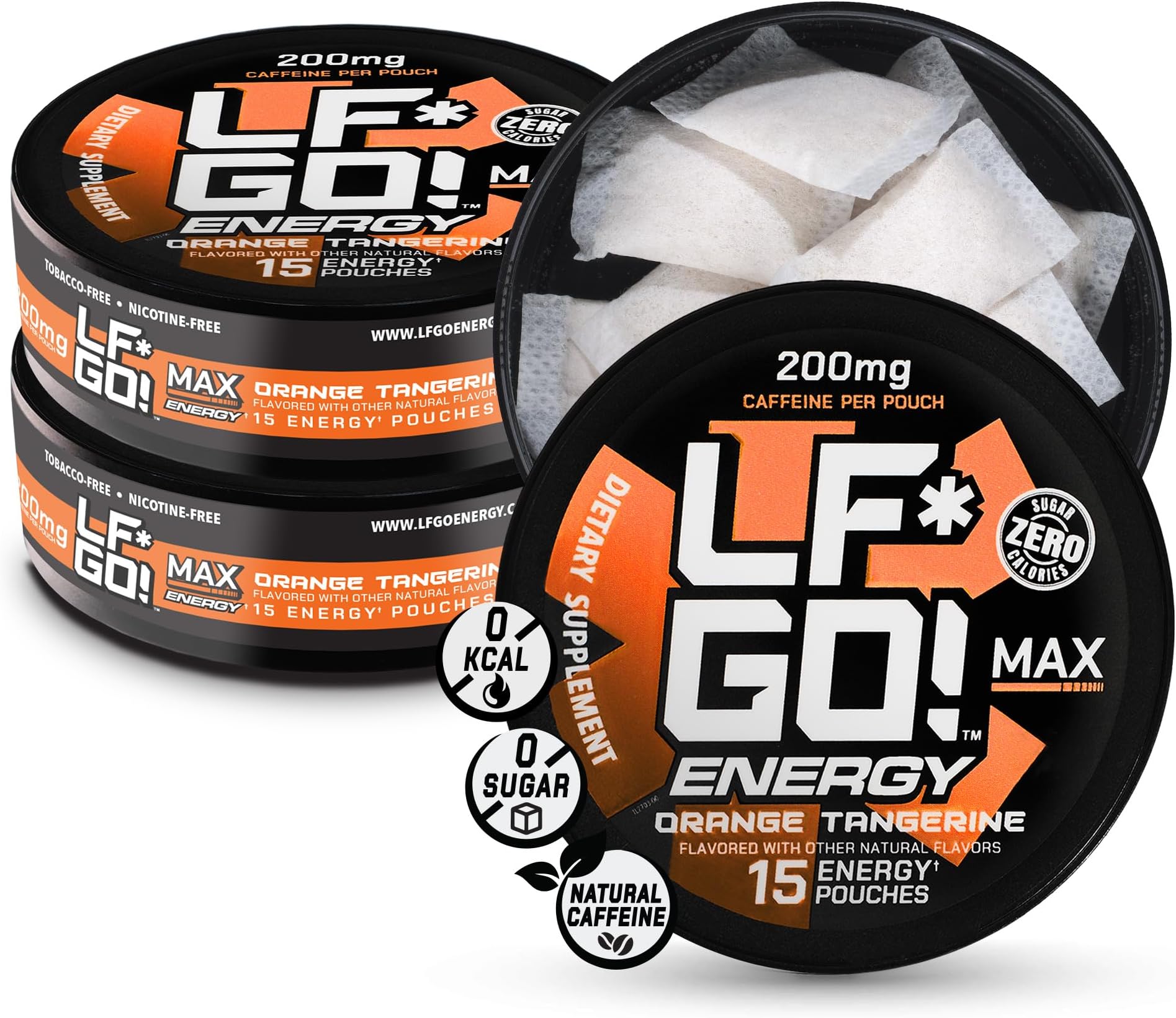 LF*GO! Energy Pouches | Caffeine Pouches | 6 Essential Vitamins and Minerals | Orange Tangerine | 200 mg Natural Caffeine | 0 Calories | 0 Sugar | 15 Pouches Per Can | 3 Cans