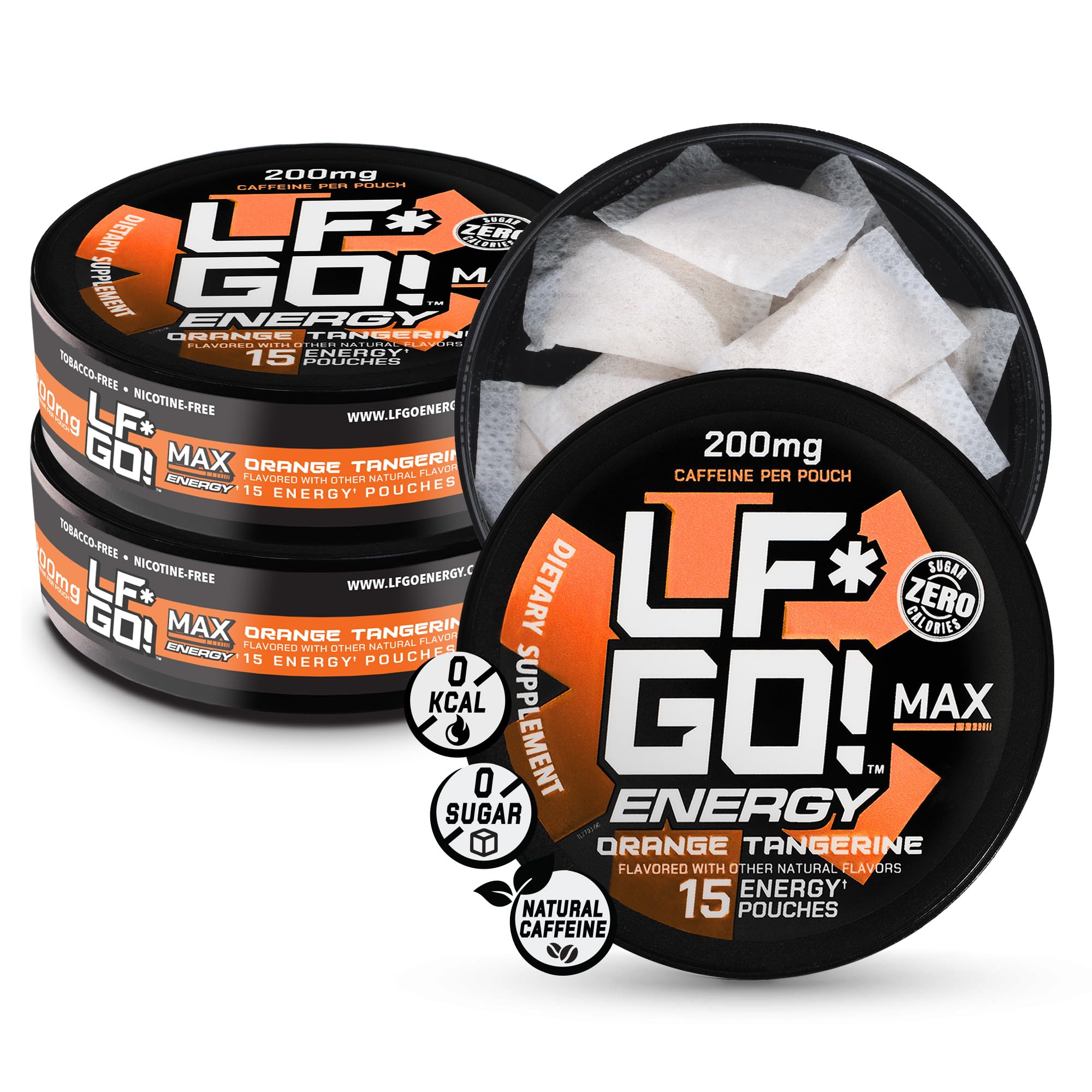 LF*GO! Energy Pouches | Caffeine Pouches | 6 Essential Vitamins and Minerals | Orange Tangerine | 200 mg Natural Caffeine | 0 Calories | 0 Sugar | 15 Pouches Per Can | 3 Cans