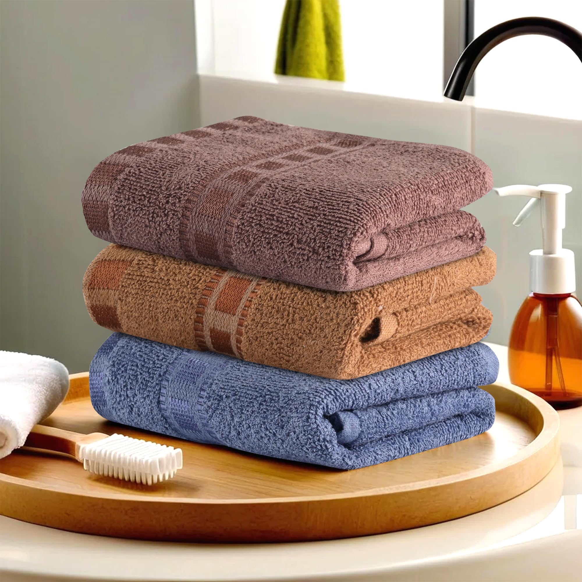 Urbane Home Pack of 3 Cotton Hand/Face Towels for Men & Women | Easily Washable | Workout Gym Napkins for Men | Pocket Towel - Dark Blue-Golden & Brown-image-8