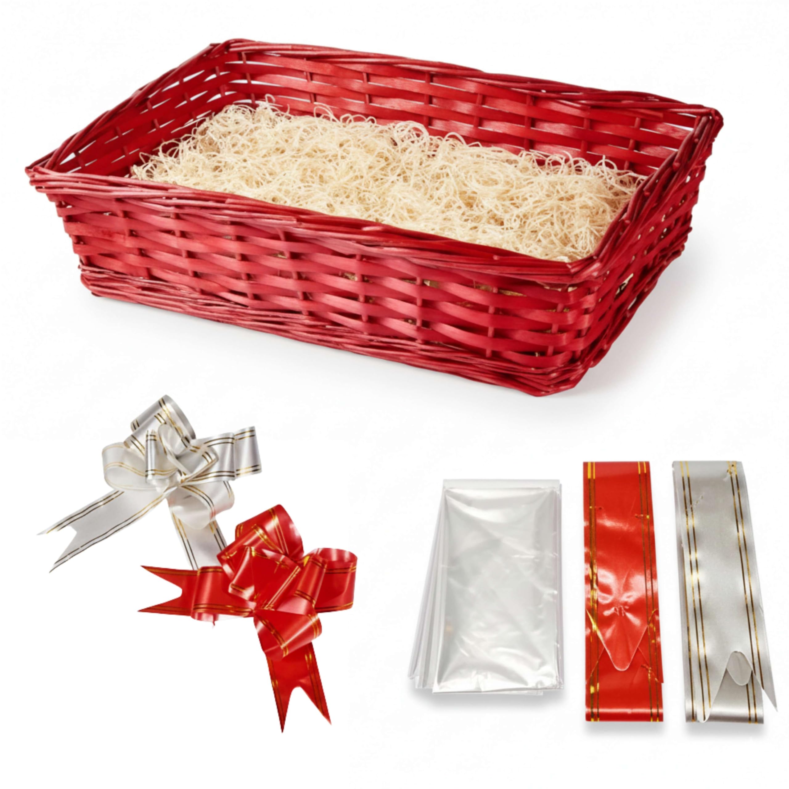 Alaystar Red Premium Wicker Gift Hamper Basket Set Create Your Own Christmas Festive Present Includes Rectangle Smooth Basket Ribbon Wood Wool Cellophane Bag Perfect For Xmas Birthdays (Red)