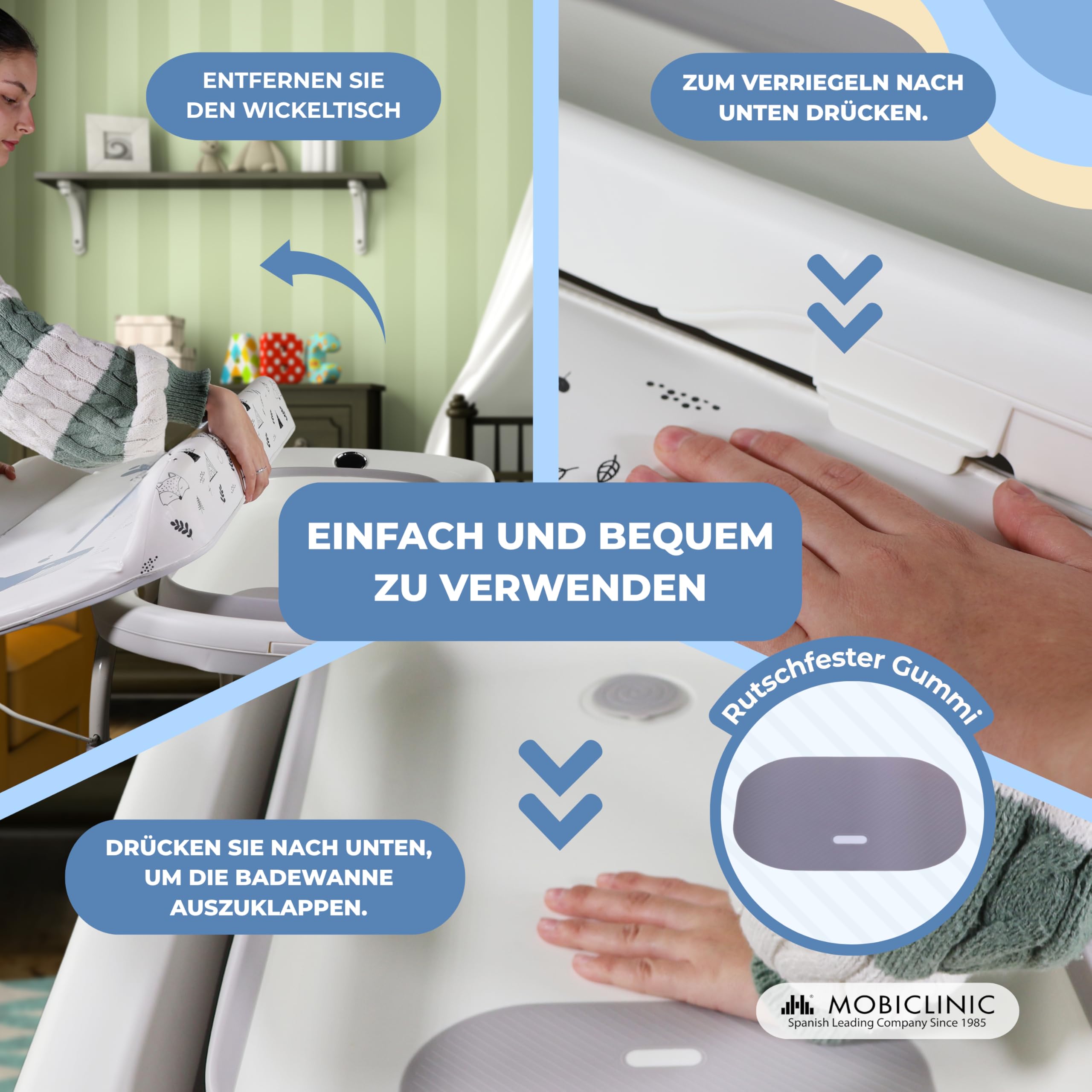 Mobiclinic® 2 in 1 Wickeltisch mit Badewanne, 4-fach höhenverstellbar, bis 50 kg, 0-36 Monate