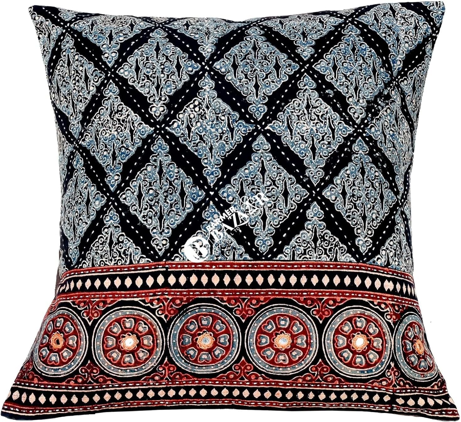 BARMER BAZAARKantha Work Block Print Hand Stitched Cushion Cover without Cushion Filler 16 x 16 Inches