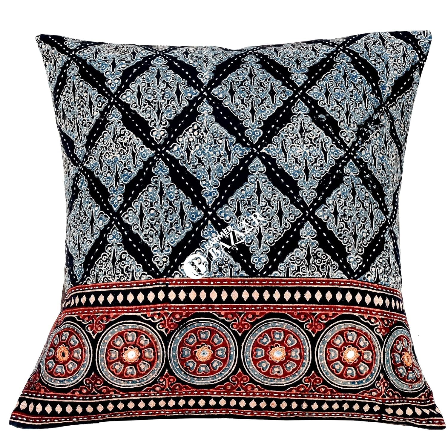 BARMER BAZAARKantha Work Block Print Hand Stitched Cushion Cover without Cushion Filler 16 x 16 Inches