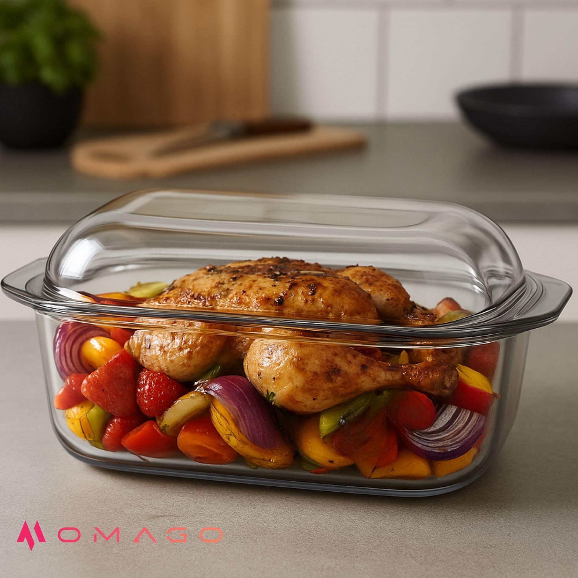 OMAGO® Naczynie żaroodporne prostokątne 4,4 l z pokrywką, duże szklane naczynie do piekarnika, forma do zapiekania mięsa i lasagne