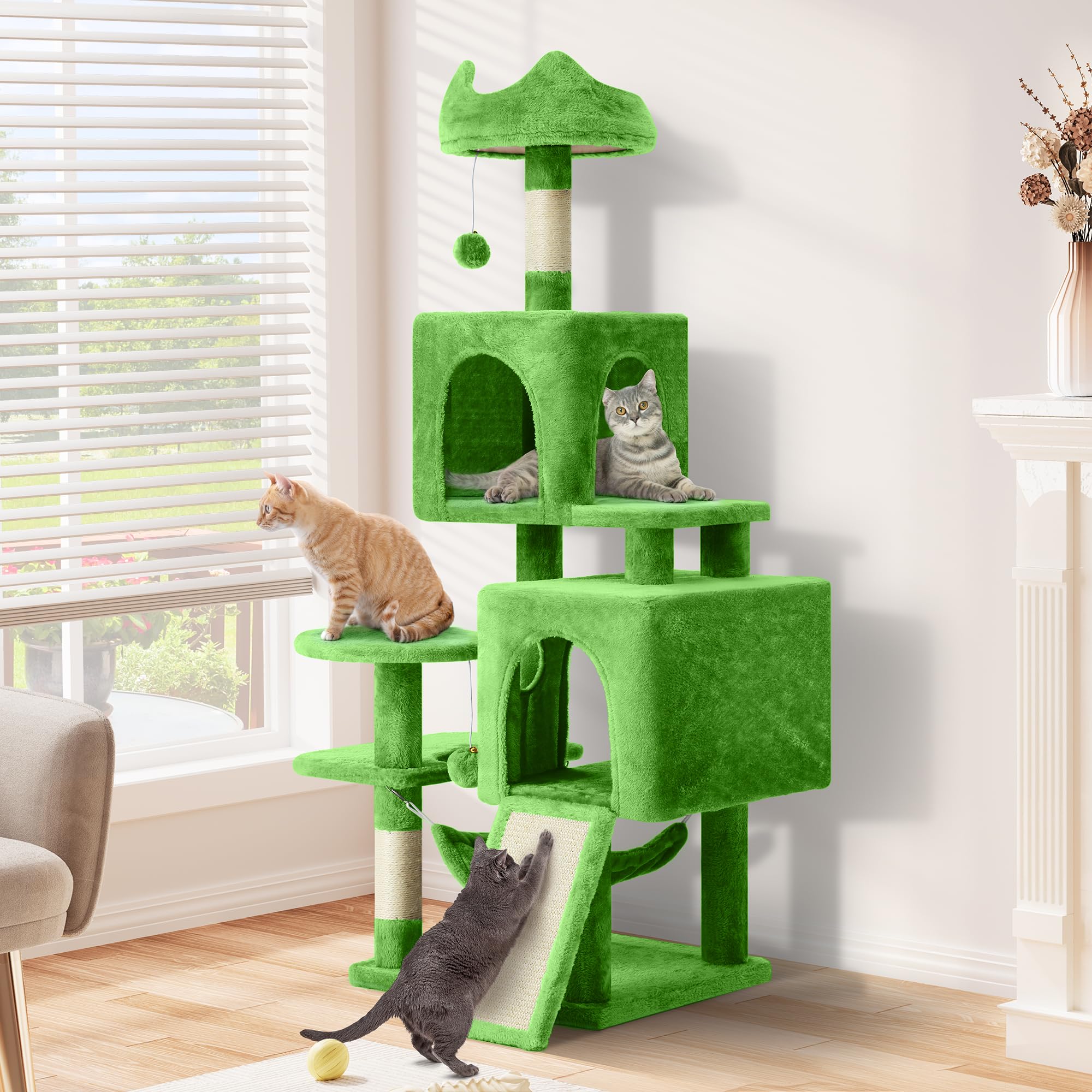 YITAHOME Tall Cat Tree for Indoor Cats, 75 inch Multi-Level Cat Tower with Cat Condos, Top Perches, Sisal Ramp Scratching Posts, Cozy Basket, Hammocks, Large Cat Pet Activity Structure,Pink: YITAHOME 54in Cat Tree Tower for Indoor Cats, Multi-Level Cat Climbing Tower with Sisal Scratching Post and Board, Cat Condos, Plush Top Perches, Hammock, Kittens Pet House Play, Green