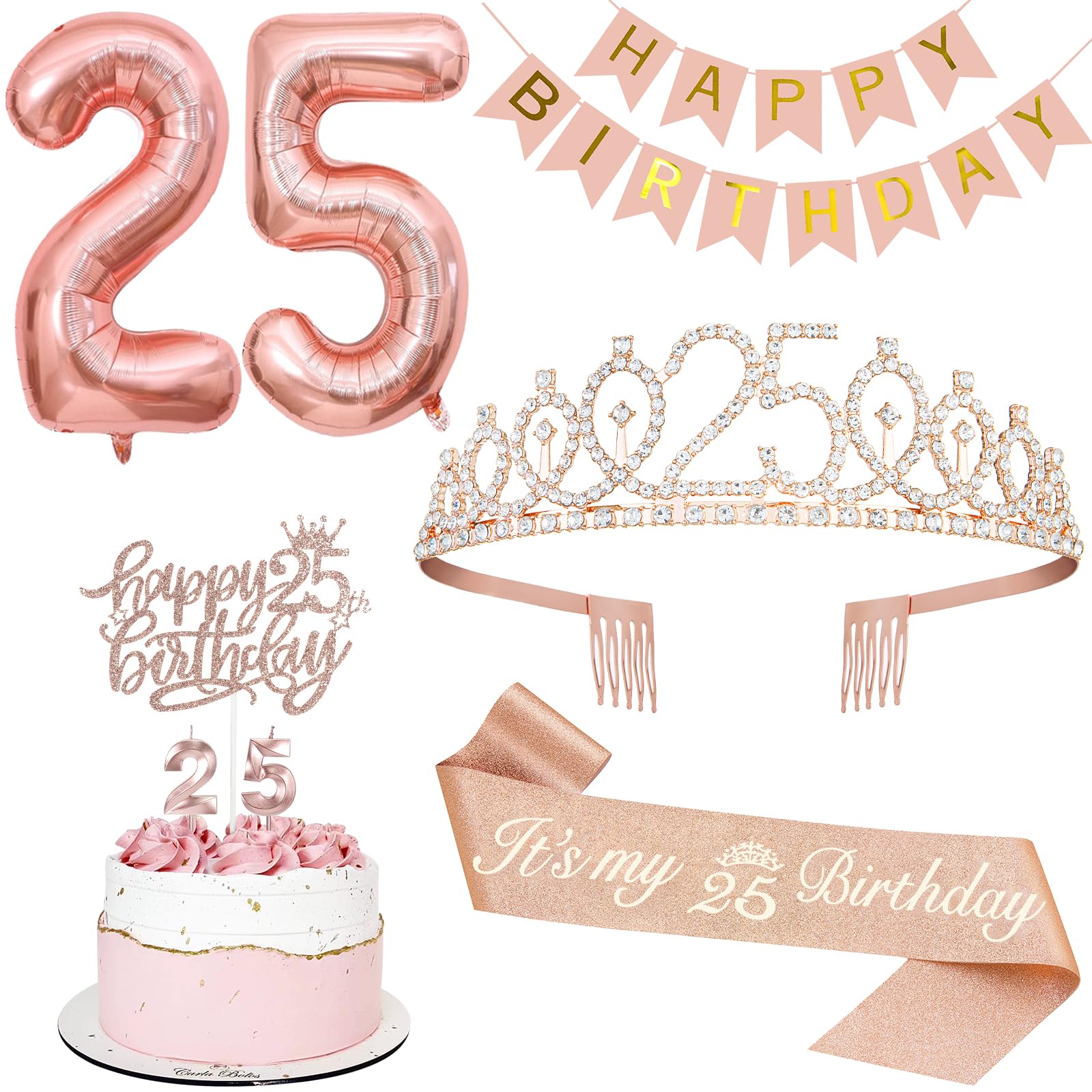 Photo 1 of 25th Birthday Decorations for Women, Including 25th Tiara and Sash, Happy Birthday Banner, Cake Toppers, Number Candles and Balloons Set, Rose Gold