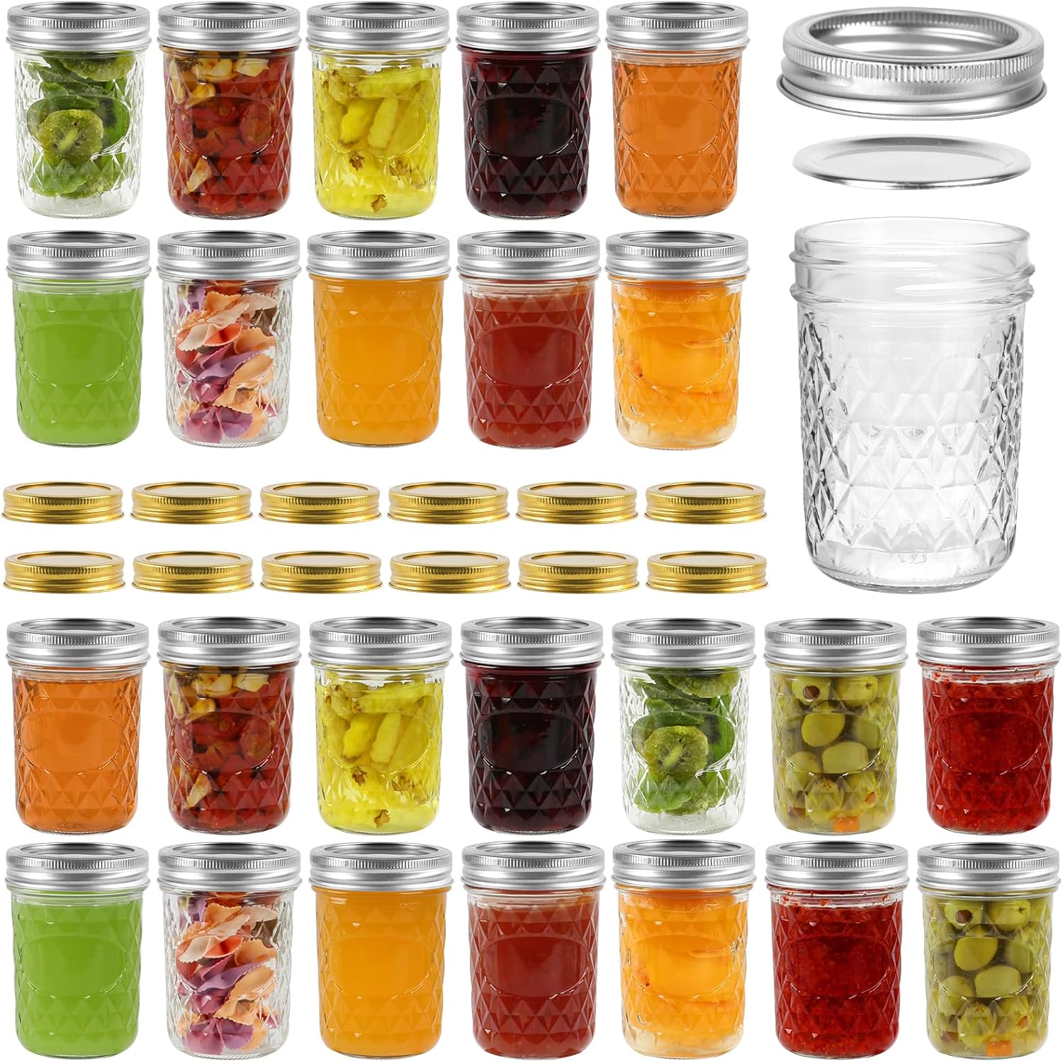 8oz mason jars with Silver Lids 24Pack and 12 Extra Gold Lids, Jaisie.W