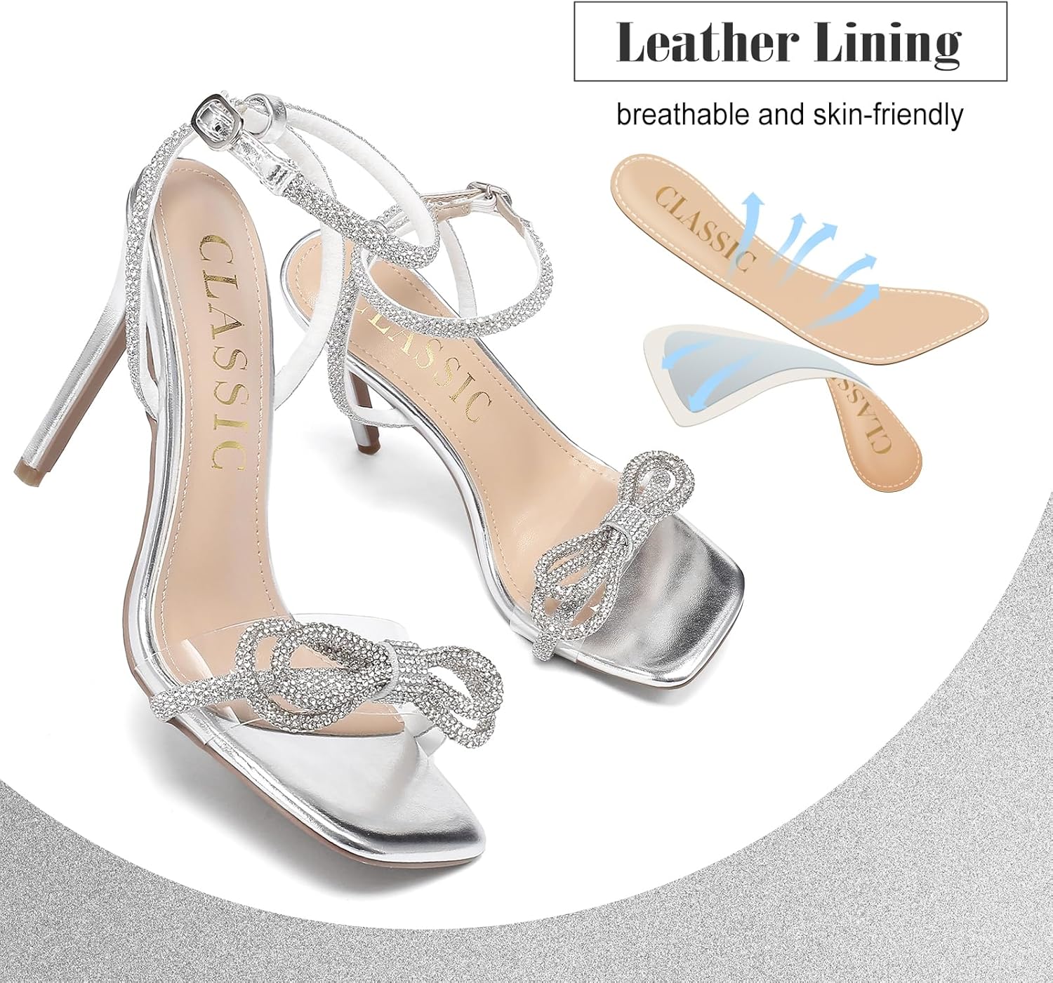 Heels for Women Rhinestone Bow silver heels for women Square Toe Clear High Heels Sandals Silver Wedding Shoes With Adjustable Ankle Strappy for Party Wedding Dress Party