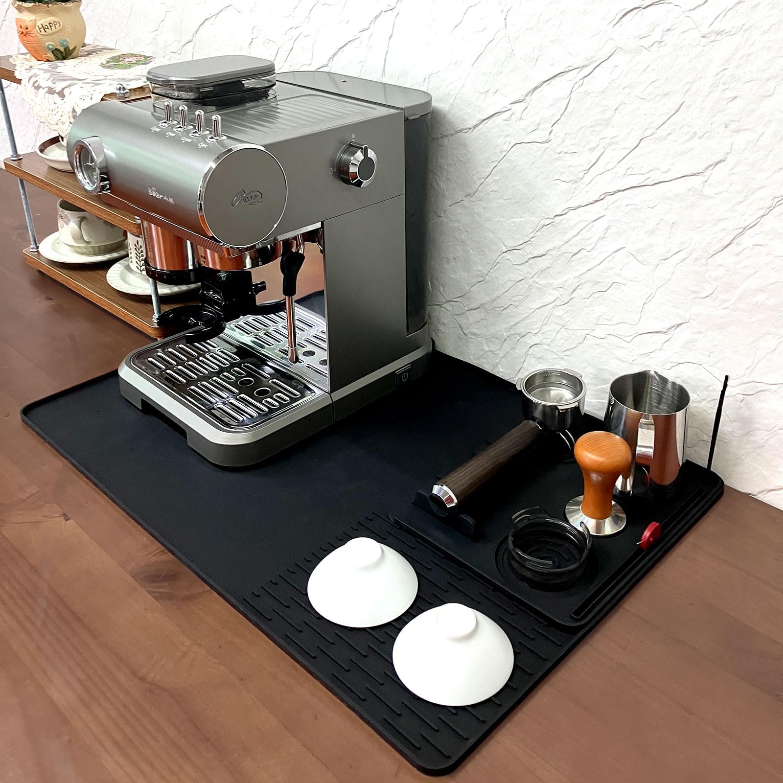 2in1 Silicone Coffee Mat, Dish Drying Mat for Kitchen Countertops, 23*16 inch Anti Slip Bar Mat with Detachable Espresso Tamper Mat - Fits Under Coffee Maker, Espresso Machine
