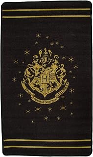 Harry Potter Hogwarts Rug - Gold Crest Floor Mat - 75cm x 130cm Black Non-Slip Indoor Carpet with Star Design - Gifts for Fans, Teens, Adults
