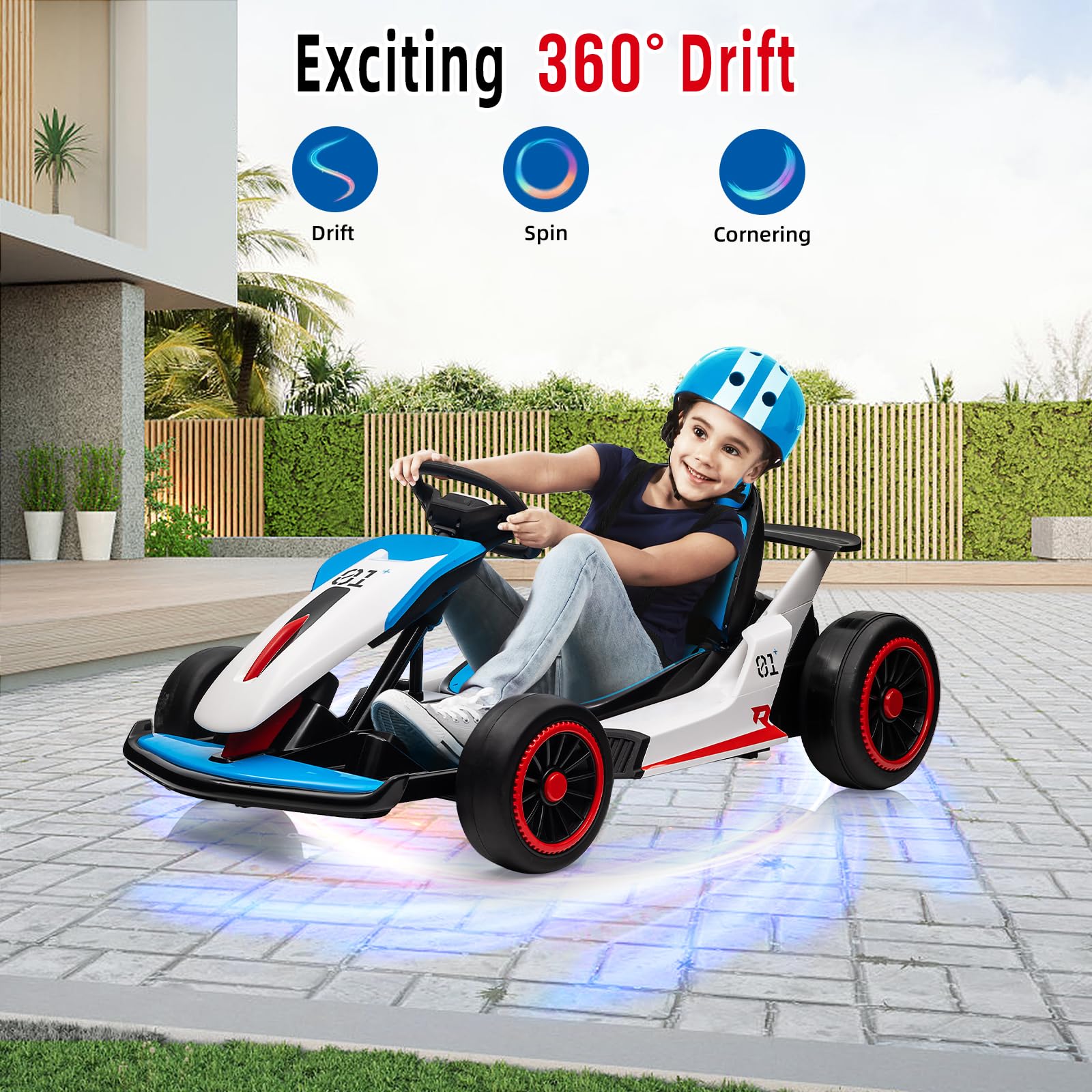 24V Electric Go Kart for Kids, Drift Cart with 2x200W Powerful Motors, 7AH Battery, Max 8MPH Drift Kart, Safety Belt, Slow Start, Music, High-Speed Crazy Cart Ride on for Kids Ages 6-12 - Blue - 5