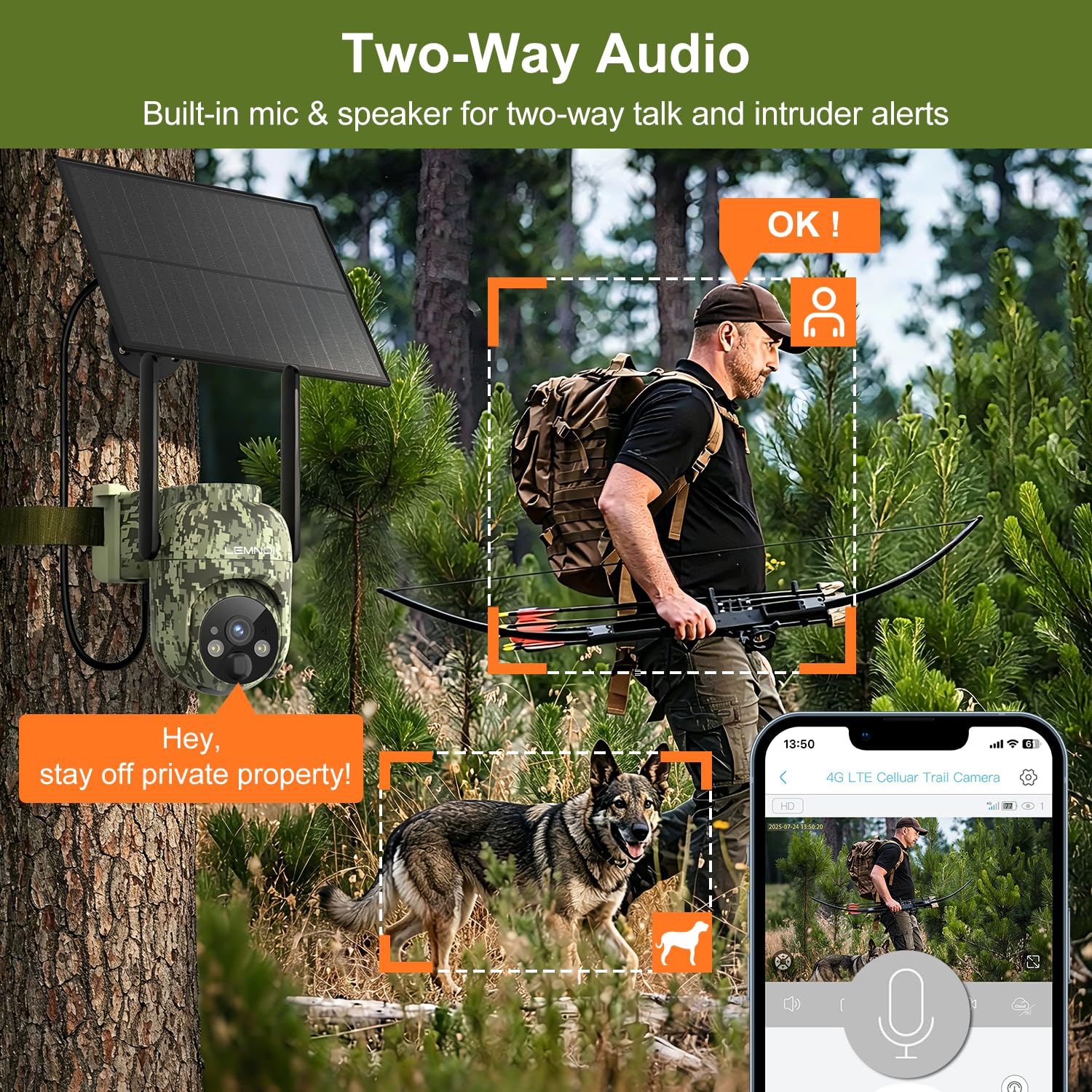 LEMNOI Fototrappola 4G con SIM Inclusa, 2K Fotocamera da Caccia, Telecamera Solare PTZ da Esterno, Visione Notturna a Colori, IP66 Impermeabile, Senza WiFi, per Caccia/Fattoria/Giardino