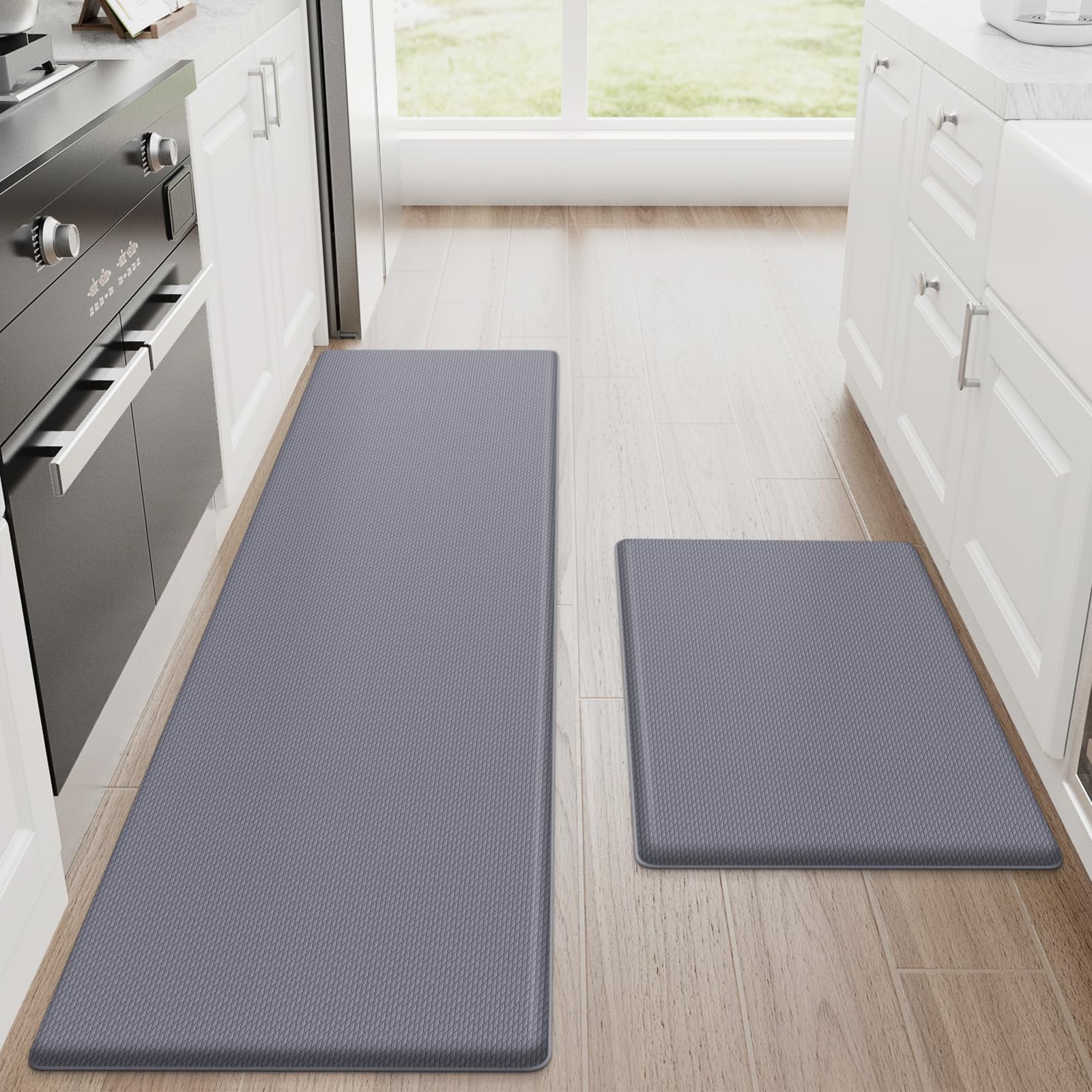 StepRite Kitchen Mats, 2PCS Kitchen Rugs, Cushioned Anti Fatigue Kitchen Mats for Floor, Non-Slip Standing Desk Mat, Waterproof Kitchen Rug Set for Kitchen, Floor, Office, 17.3"x30"+17.3"x59", Grey
