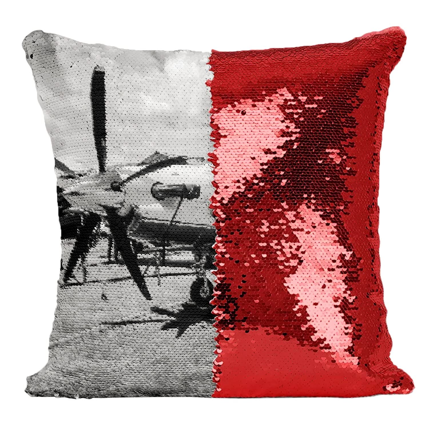 Coussin sequin paillettes rouge avec photo avion hélice rétro tarmac
