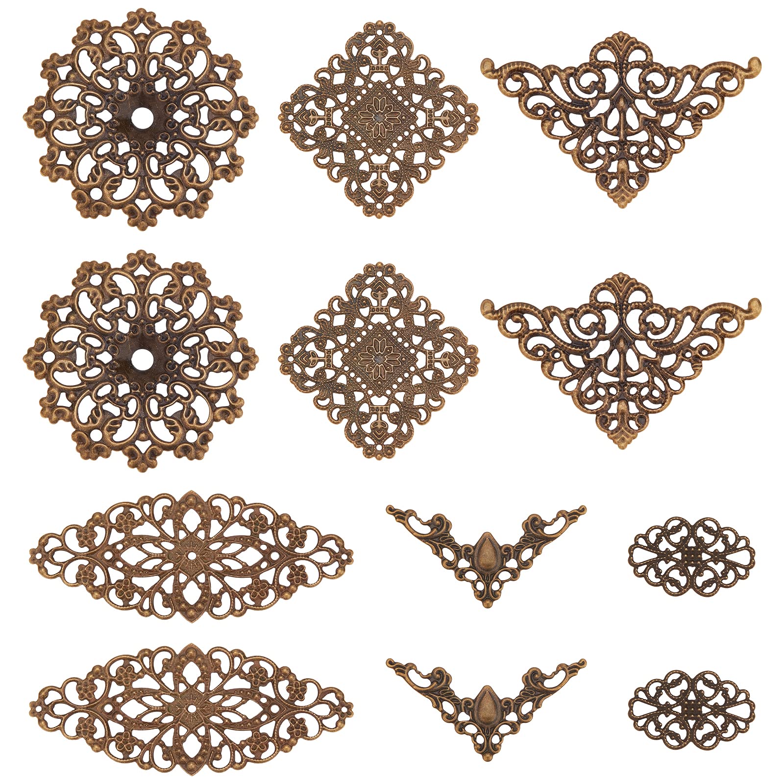 SUNNYCLUE 1 Box 60Pcs 6 Styles Antique Bronze Filigree Metal Filigree Pieces Iron Flower Embellishment Hollow Tibetan Charm for Jewelry Making Charms Choker Necklace Bracelet Earrings DIY Accessories