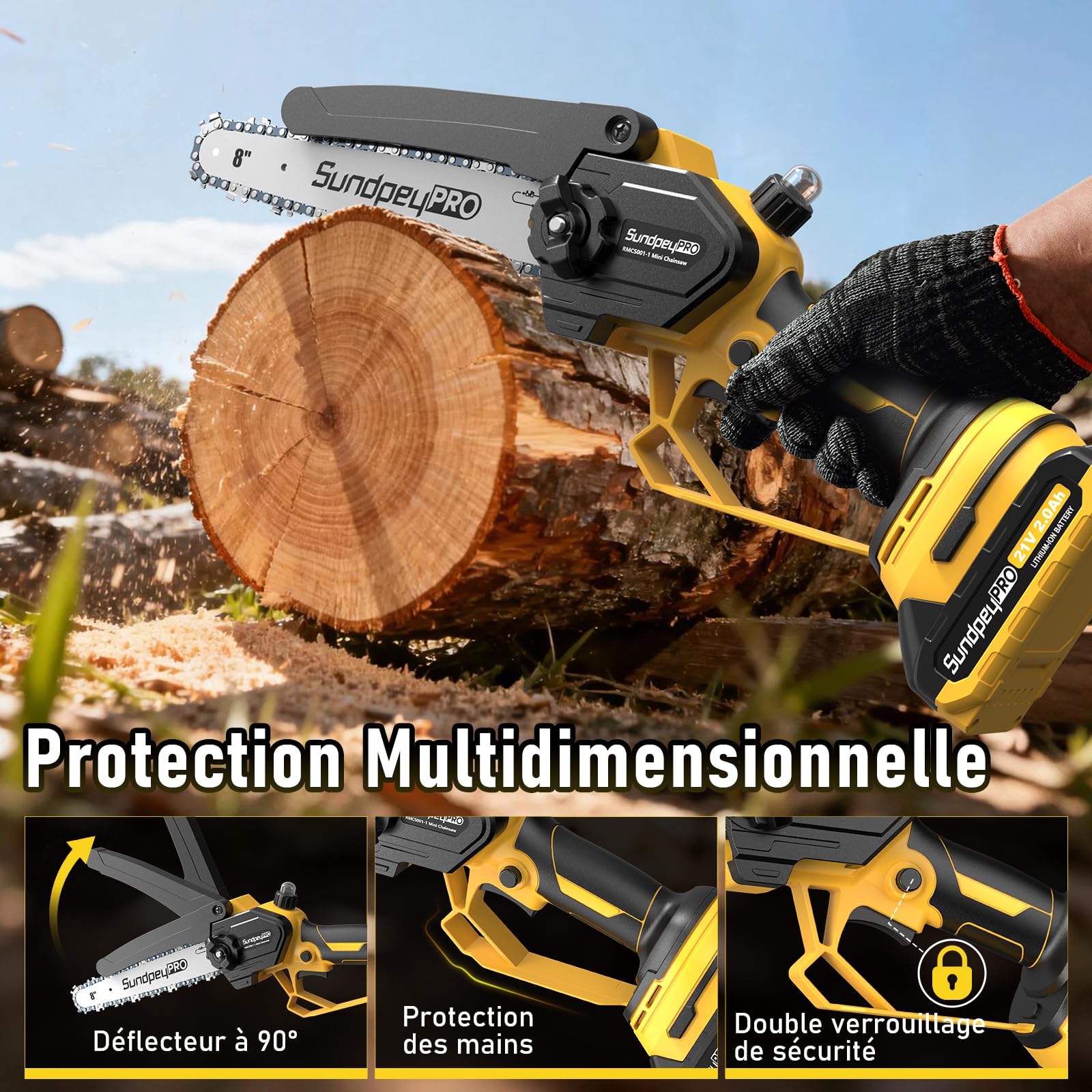 8 & 6 Pouces Mini Tronconneuse a Batterie, 21V Brushless Tronconneuse Electrique sans Fil avec 2×2.0Ah Batteries, Tension de Chaîne sans Outil, Système D'huile, pour le Jardinage
