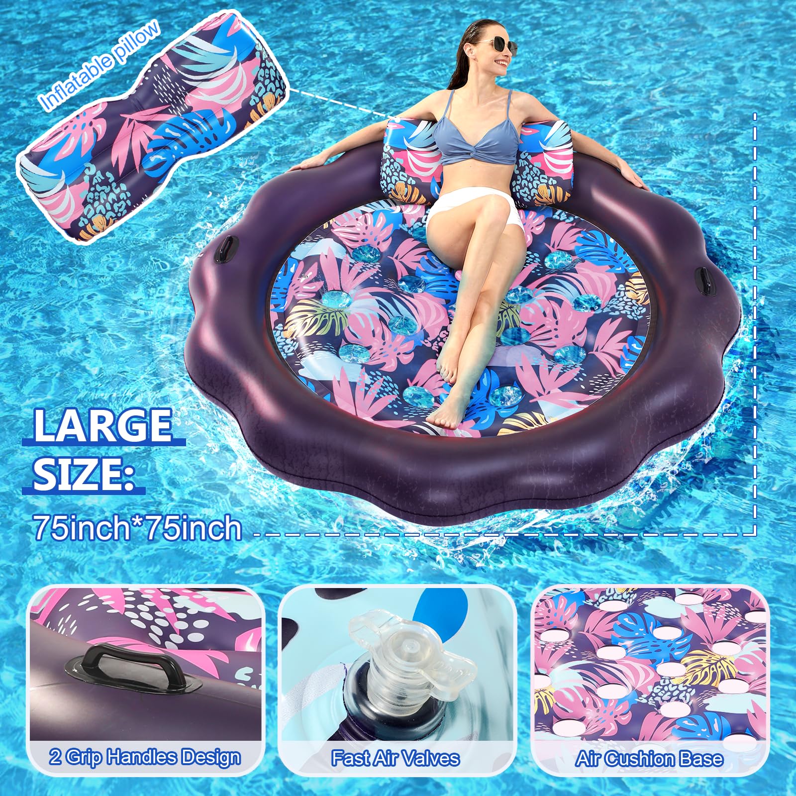 SUIMOT Inflatable Pool Float Mat, Giant Heavy Duty Pool Floats Adult Size with Headrest Handle, Tanning Pool Floats Lounger, Lake Raft Floats Floating for Pool Beach Outdoor Summer Party (Light Color)