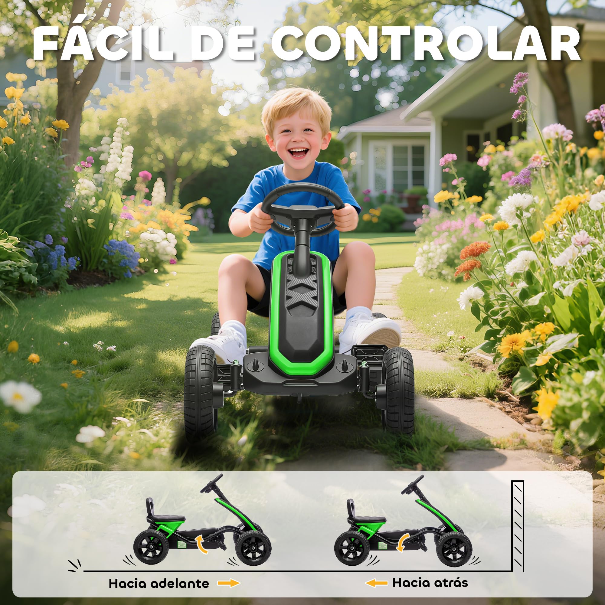 AIYAPLAY Kart Pedales, Go Kart con Ruedas Antideslizantes de EVA, Marco Metálico, Carga 30 kg, para Niños y Niñas de 2-5 Años, Verde