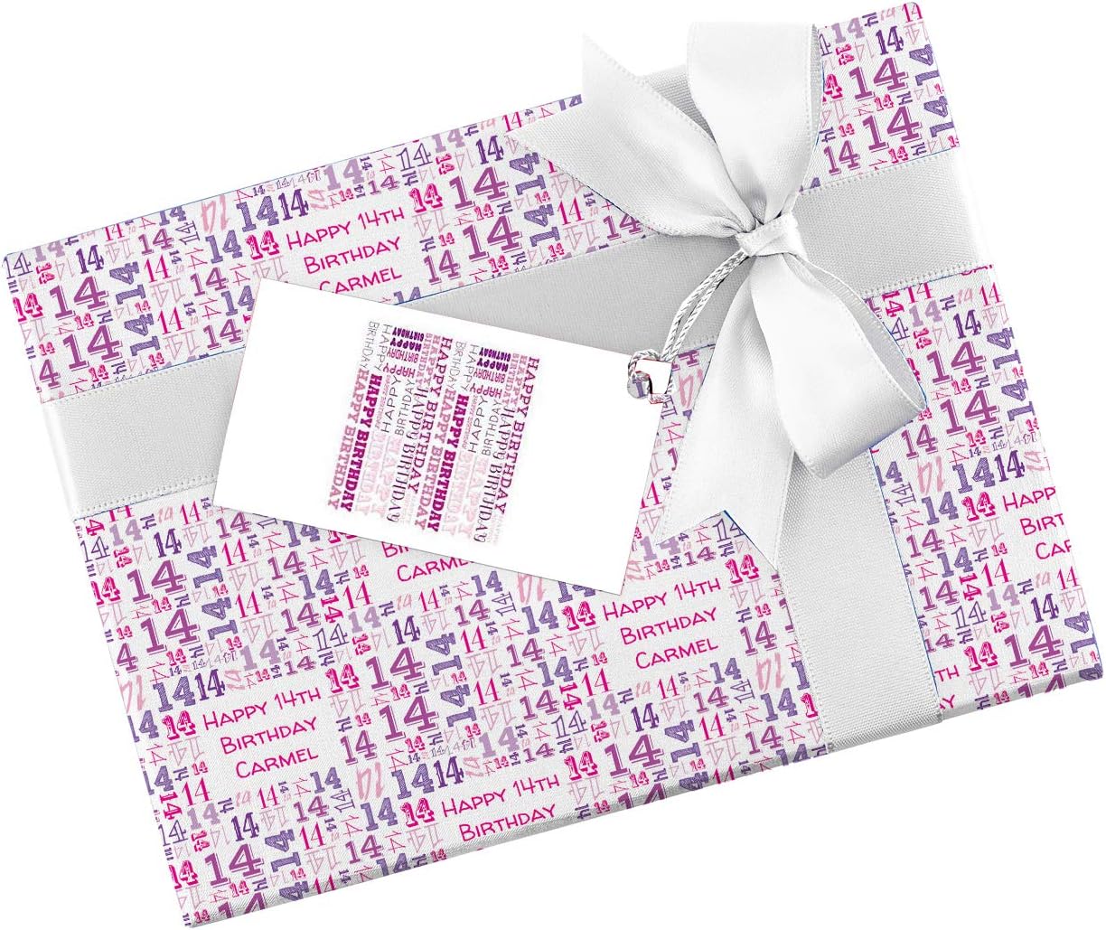 Personalised 14th birthday Wrapping Paper pink design Gift Wrap