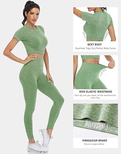 Miniatura 3 de Conjunto de pantalones de yoga de dos piezas para mujer, leggings de cintura alta sin costuras y camisetas cortas de yoga de secado rápido, conjunto