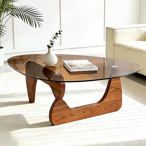 Miniatura 8 de Mesa de centro para sala de estar, pequeña mesa de centro con parte superior de vidrio templado triangular y patas de madera, mesas de centro de