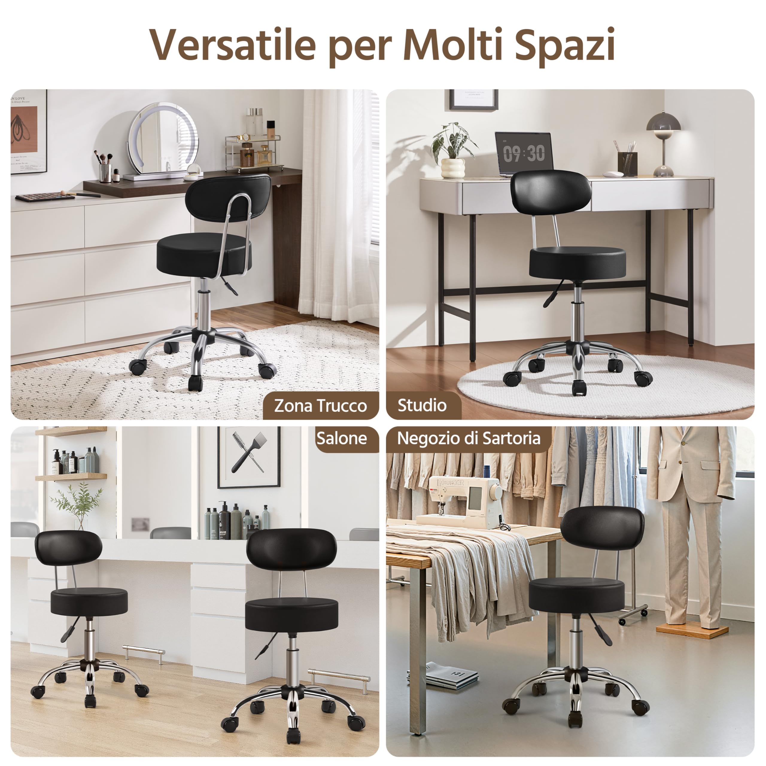 Yaheetech Sgabello Girevole con Schienale Rotelle e Base Larga Sgabellino in Similcuoio Altezza Regolabile per Estetista Spa e Salone (Nero)