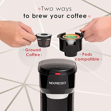 Mixpresso 2-in-1 Coffee Maker Single Serve & Ground Coffee Brewer, Compact Personal Coffee Machine for Pods & Loose Grounds, Quick Brew 14 oz Portable Small Coffee Maker, Black
