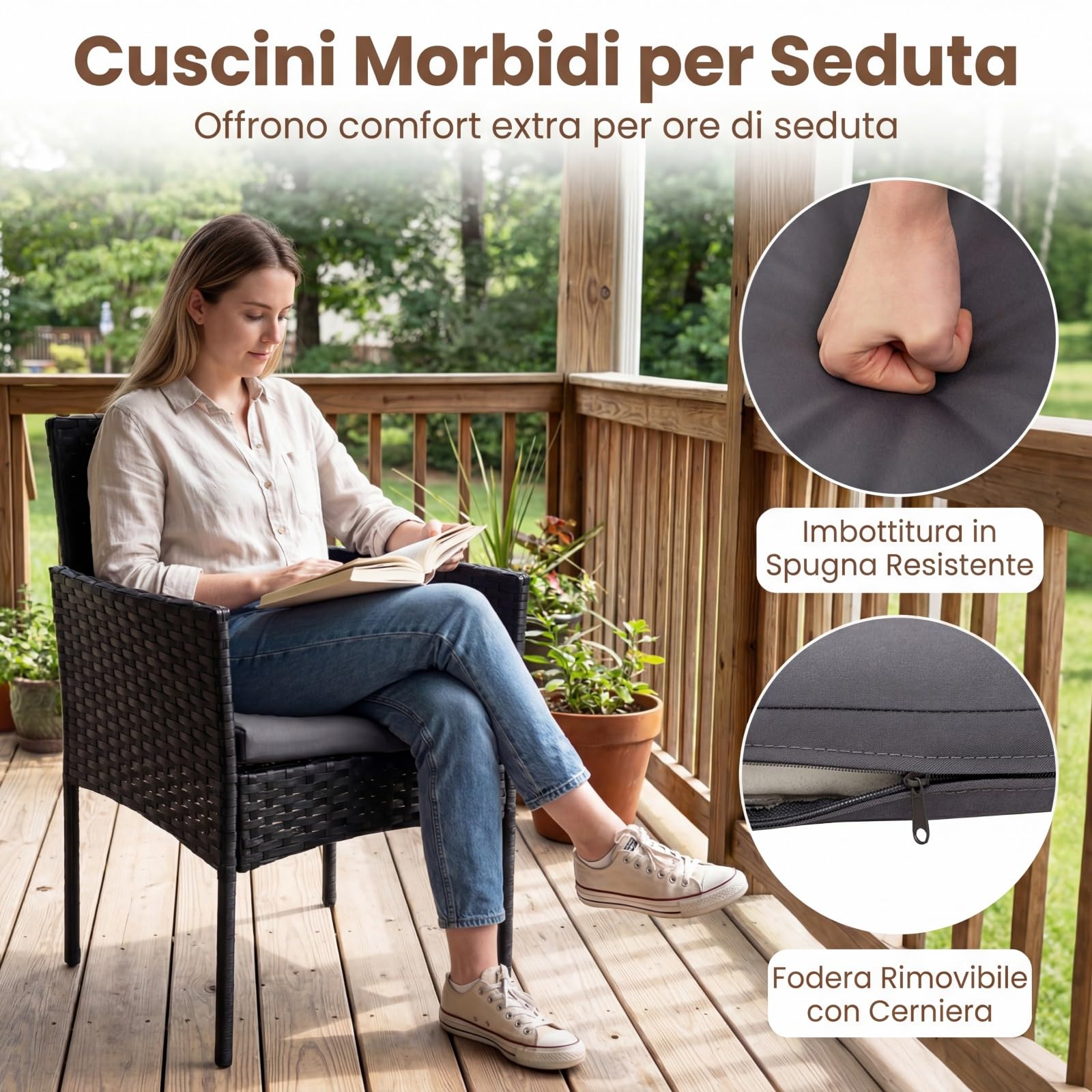 COSTWAY Set Salotto da Giardnio 3 Pezzi, Salotto da Esterno in Rattan con Tavolino in Vetro Temperato e 2 Poltrone con Cuscini Rimovibili, Set Mobili per Patio e Balcone (Grigio)