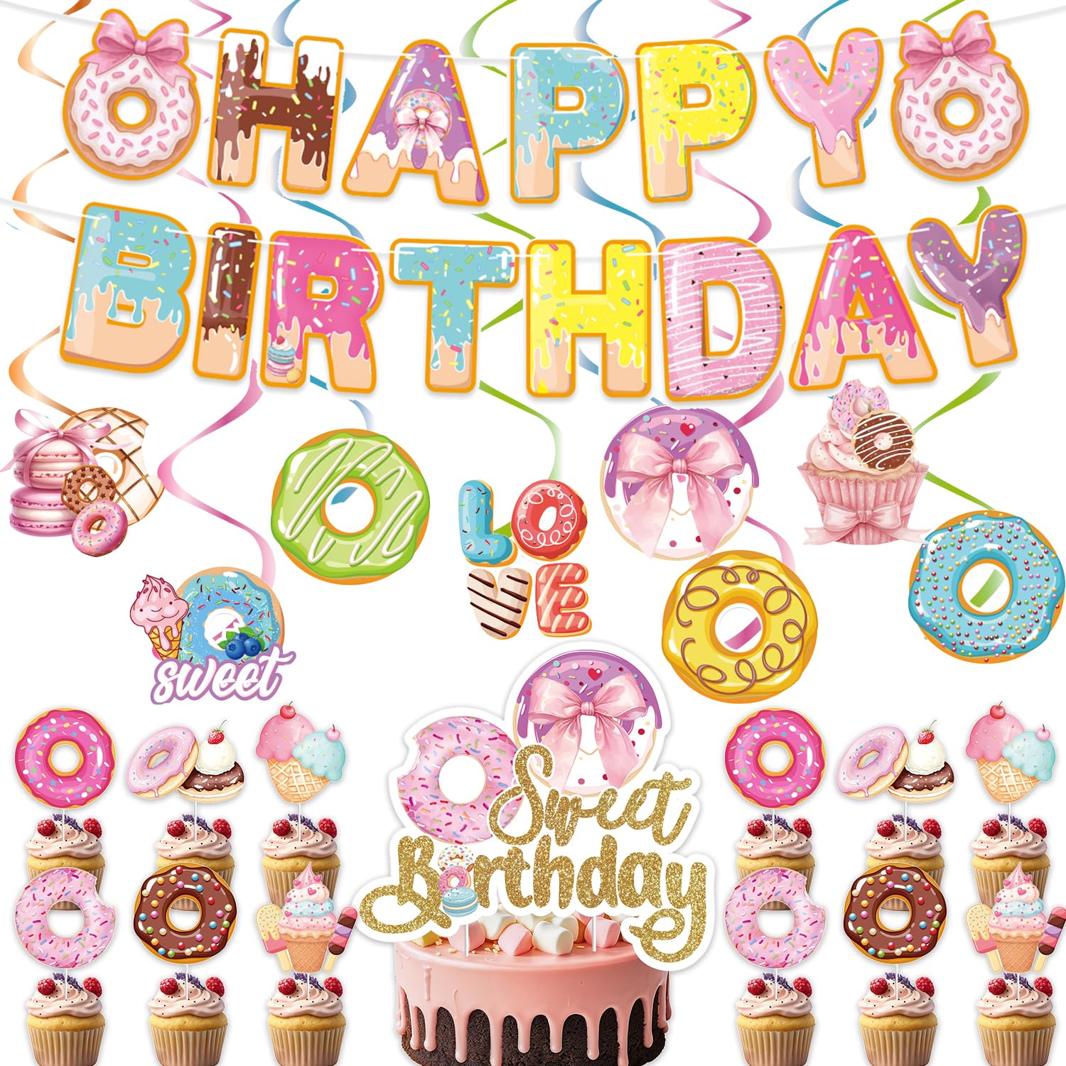22 Piece Donut Party Decor Set, Colorful Ice Cream Dessert Supplies, Kids Birthday Party Supplies, Baby Shower Theme, Donut Banner Spiral Cake Decor