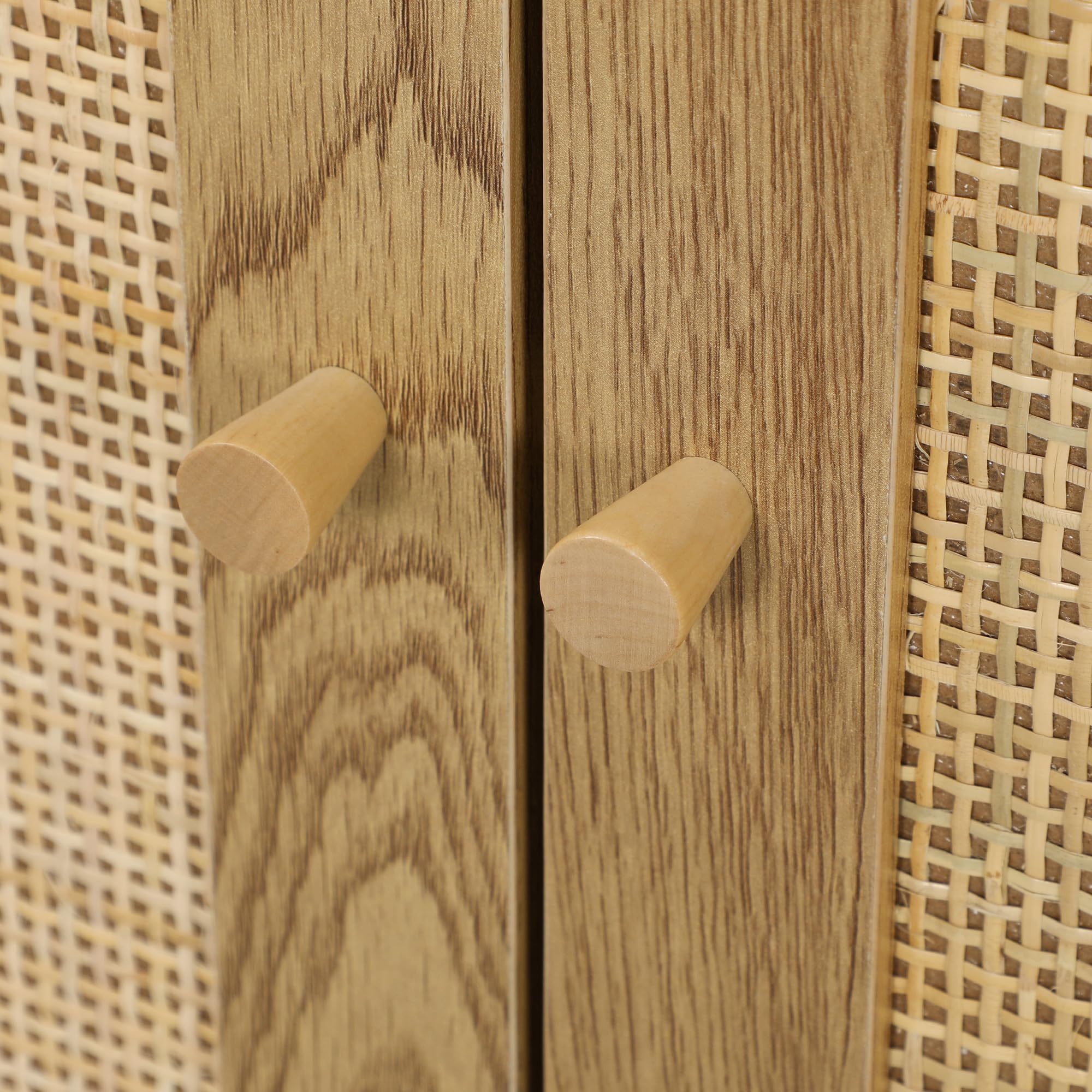 HOMCOM Aparador con 3 Puertas de Ratán, Aparador de Salón Bohemio, con Estantes Ajustables, para Cocina, Entrada, Dormitorio, Madera Natural, 120x40x75 cm