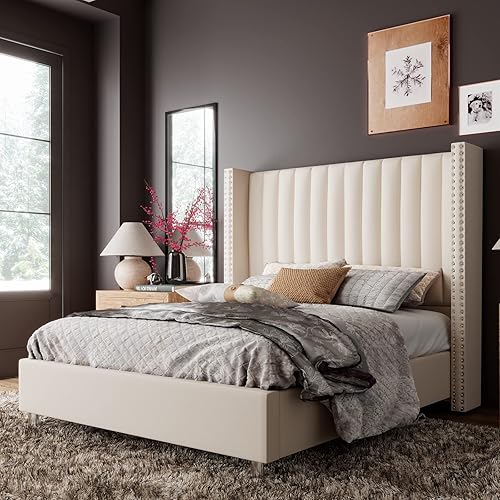 Jocisland Queen Size Bed Frame Upholstered Platform Bed with Tall Headboard Wingback, Velvet Vertical Channel Tufted, No Box Spring Needed, Easy Assembly, Cream