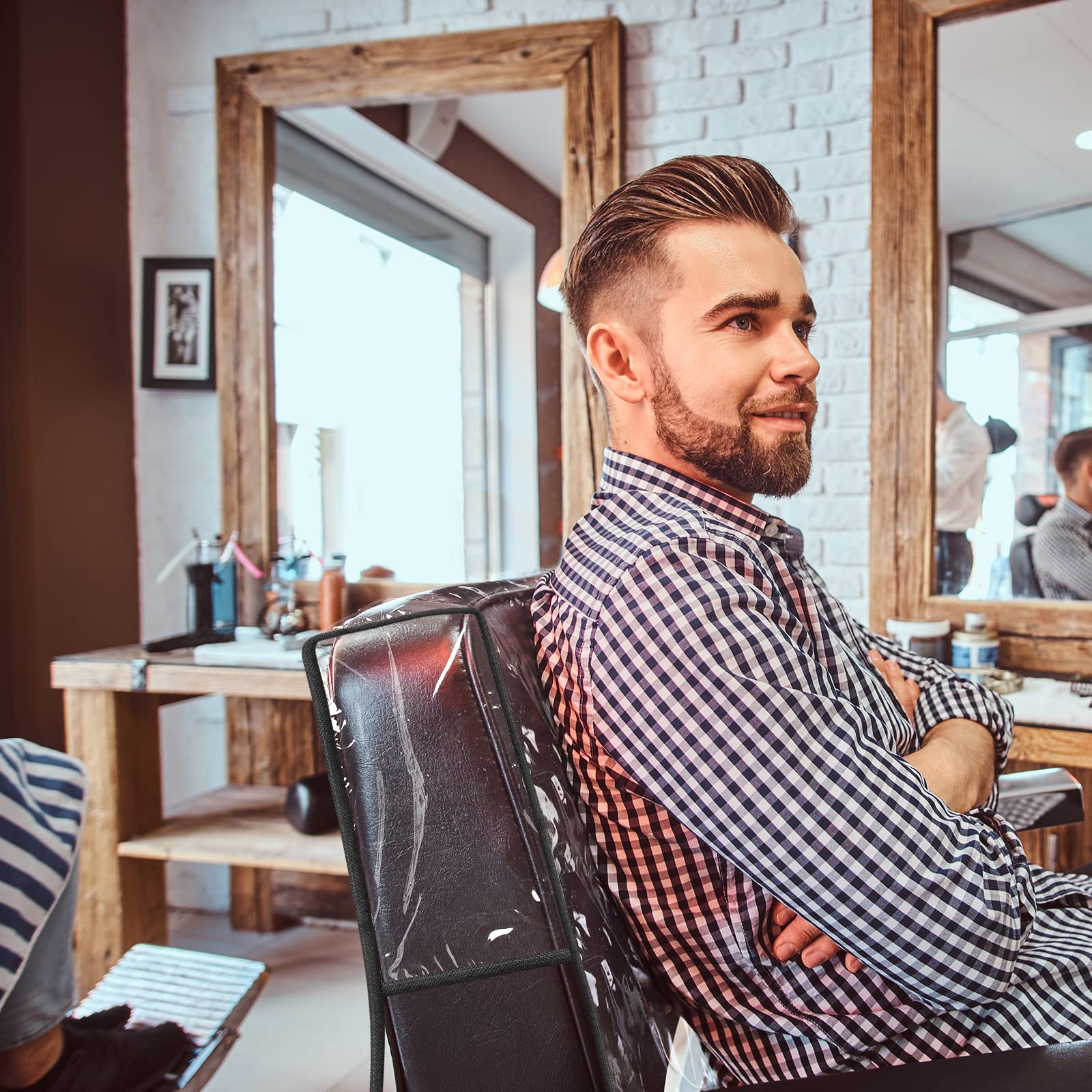 Hoolerry 4 Pcs Black Edge Salon Chair Cover Clear Plastic Square Hairdressing Back Protectors for Fits Most Standard Back Reinforced Precision Stitched Covers to Prevent Damage Spa/Salon Chairs