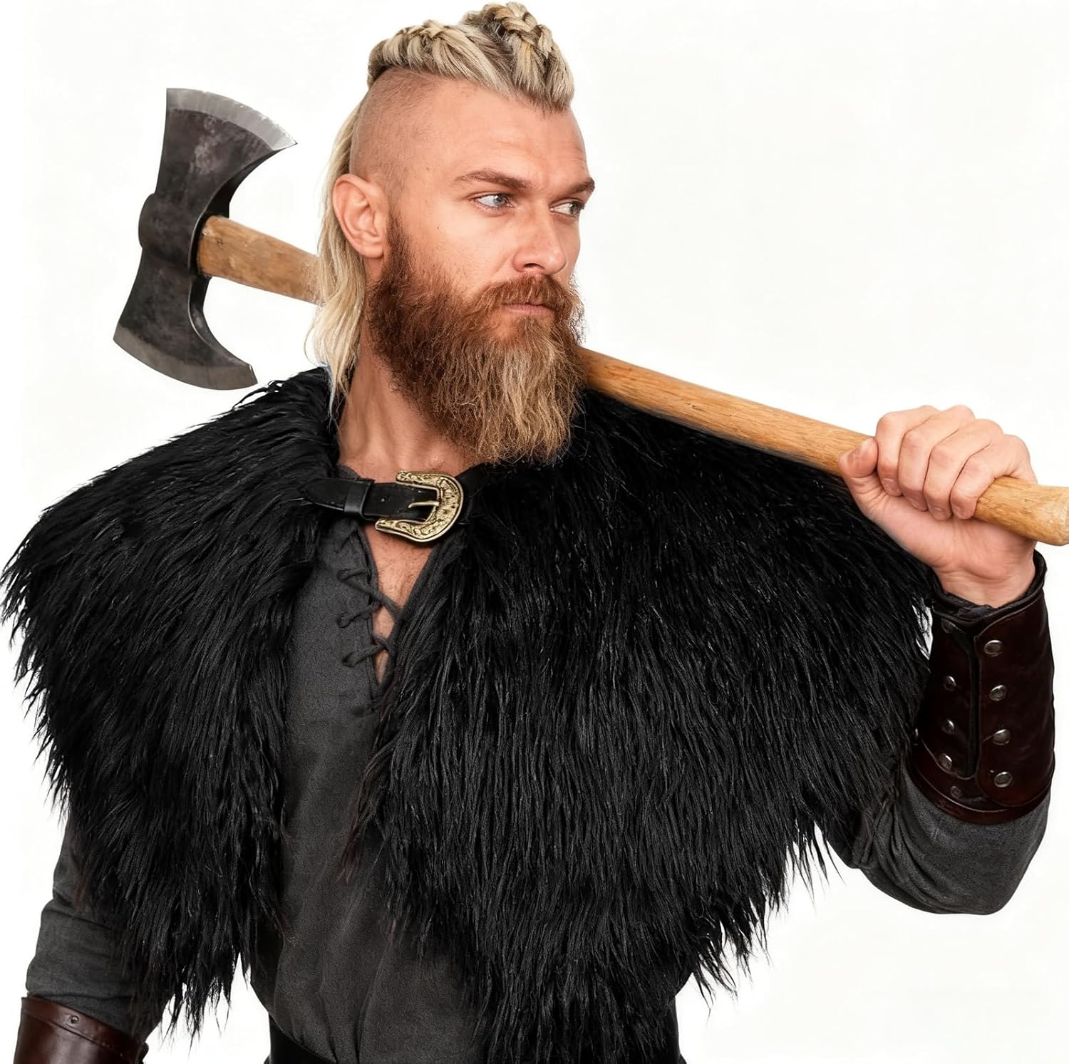 Joukavor Viking Faux Fur Collar with Belt Buckle Medieval Knight Shoulder Wrap Warrior Cape Winter Shawl LARP Cosplay Costume - Image 3