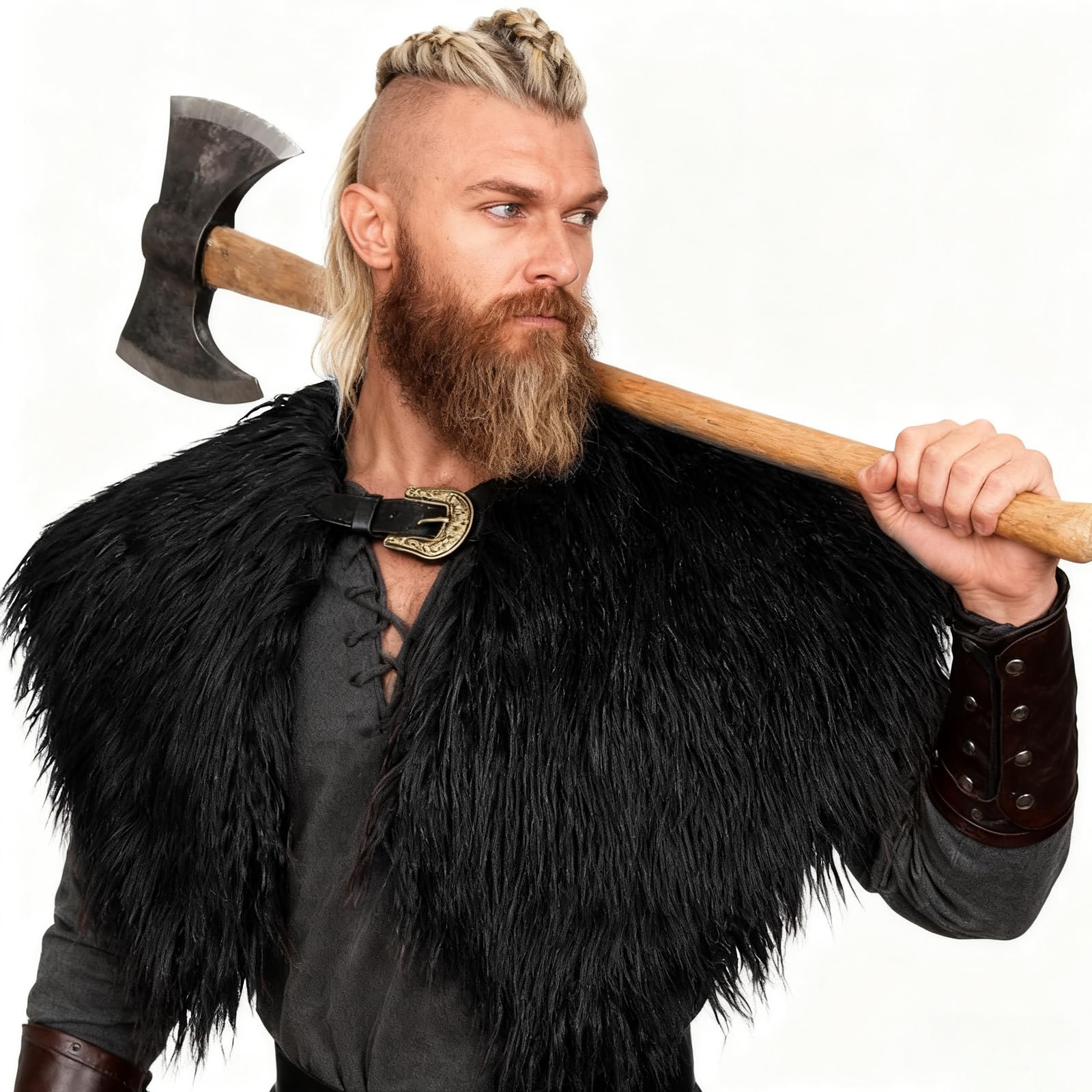 keland Hombres Vikingo Piel de Hombro Collar de Cuello de Piel Sintética Medieval Bufanda Capelet con Cinturón (Y-Negro)