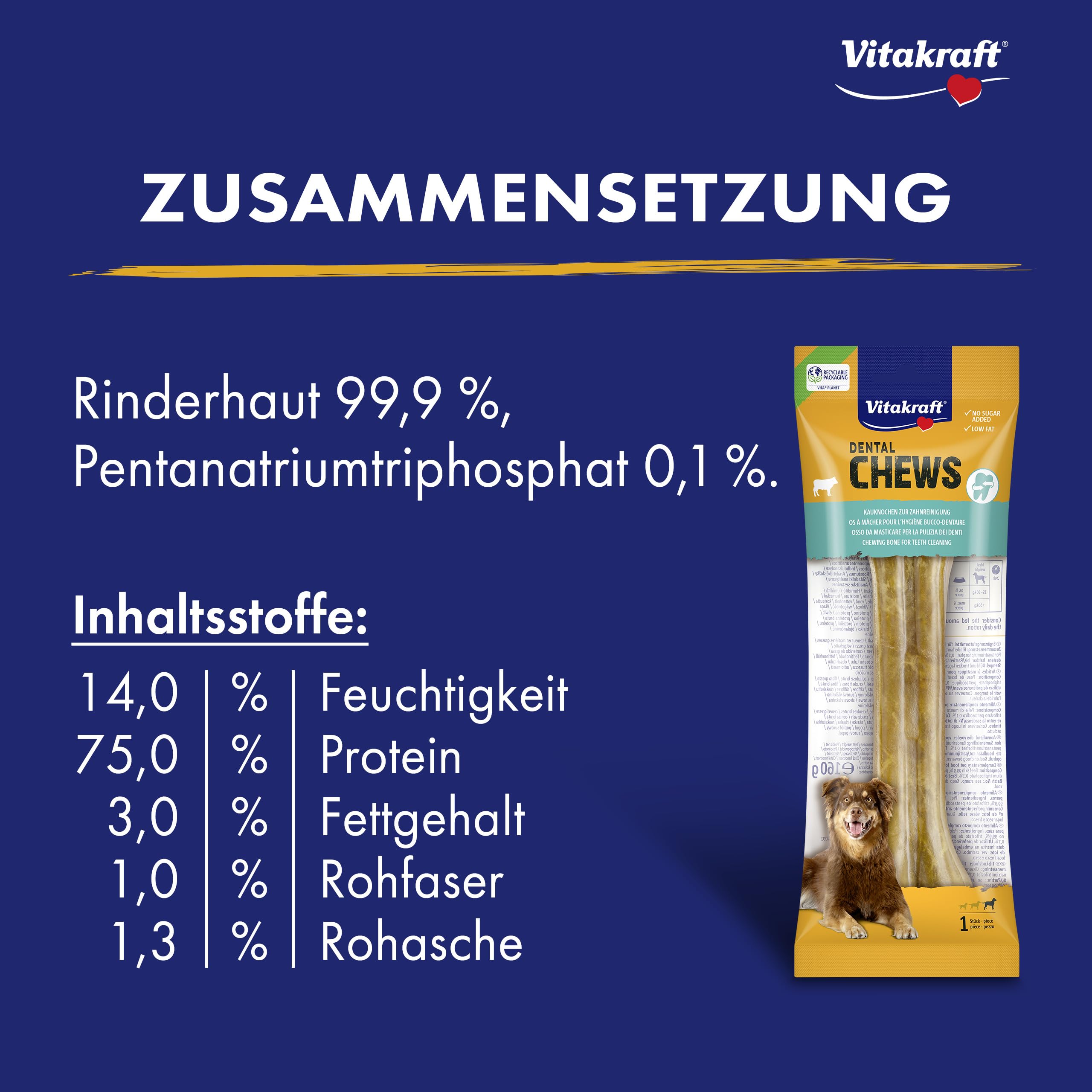 Vitakraft Dental Chews, Hundekauknochen, Kauknochen aus Rinderhaut, zur Zahnreinigung und Mundhygiene, ohne Zusatz von Zucker (8X 160g)
