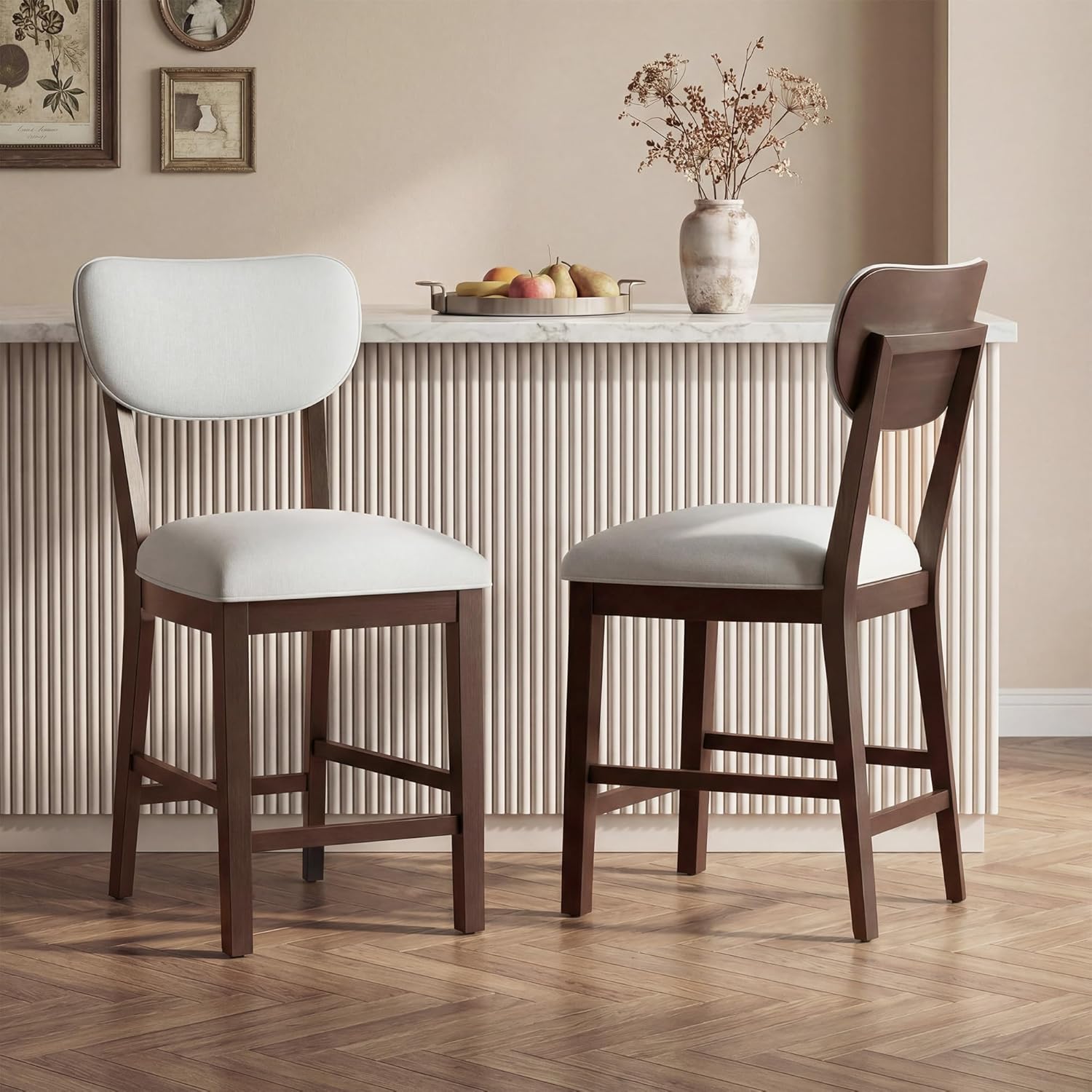 COLAMY Solid Wood Counter Height Bar Stools Set of 2 for Kitchen Island, 3.5" Thick Beige Upholstered Farmhouse Barstools with High Backrest and Nailhead Trim, Comfortable Padded Dining Chairs,Brown