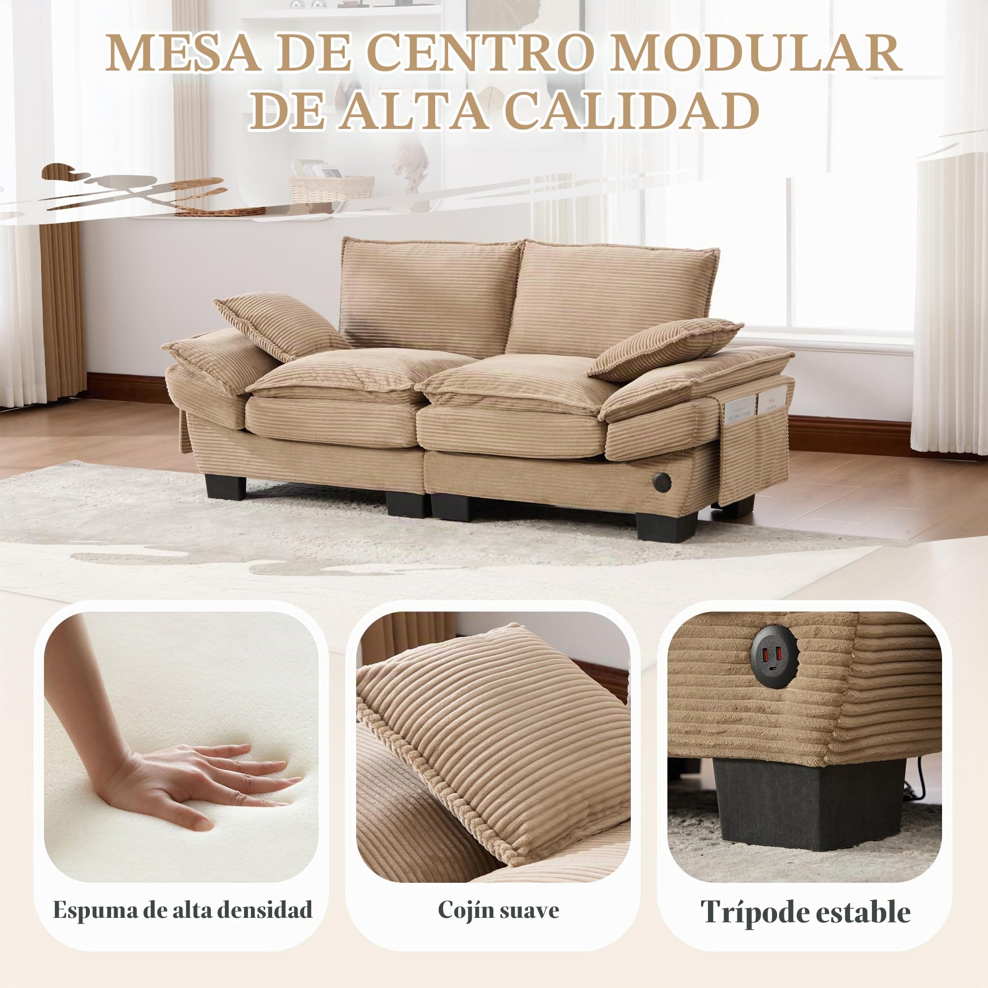 Sofá Cama con Respaldo y Almohada para Salón, Sofá Doble con Cómodos Cojines y Reposabrazos, Sofás con Bolsillos Laterales para Dormitorio Apartamento, Sofás Modular, Pana (Caqui)