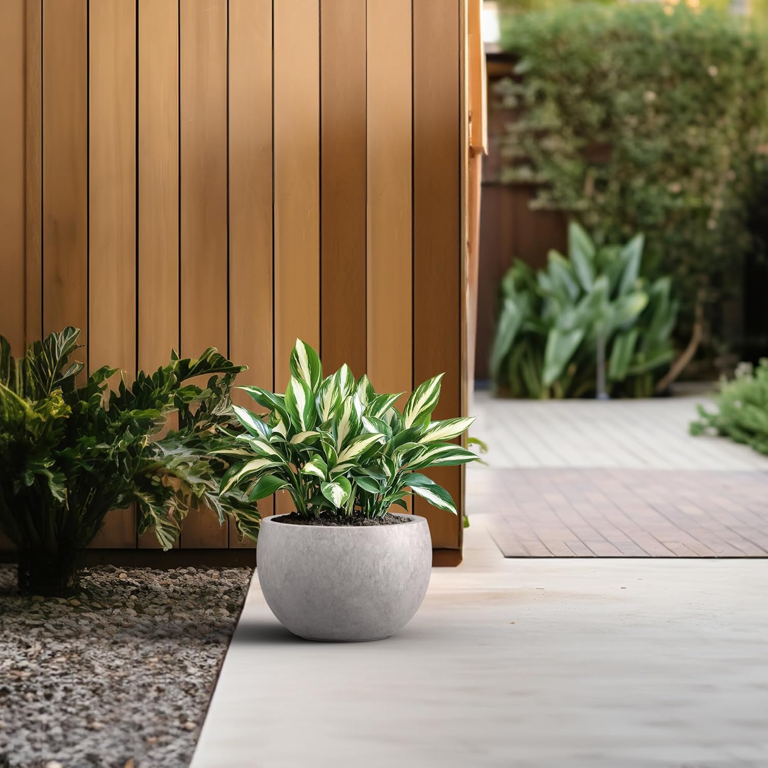 Kante 19.9" Dia Round Concrete Planter, Outdoor/Indoor Large Bowl Plant Pots with Drainage Hole and Rubber Plug for Garden Patio Balcony Home, Light Gray - Image 5