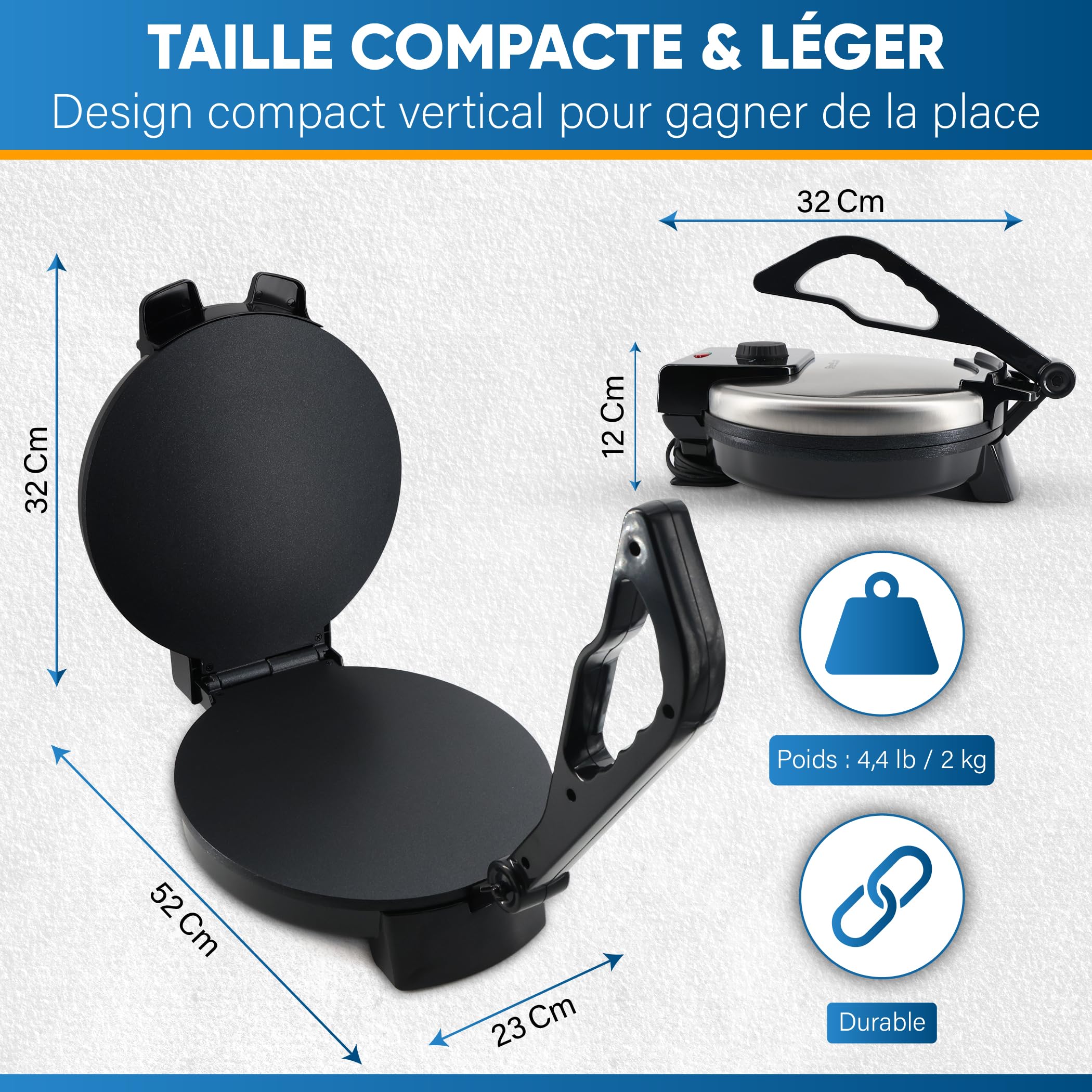 StarBlue Machine à Roti 25,4 cm avec chauffe-roti gratuit et poignée amovible – Chapati, tortilla, Roti AC220-240 V 50/60 Hz 1200 W, prise européenne