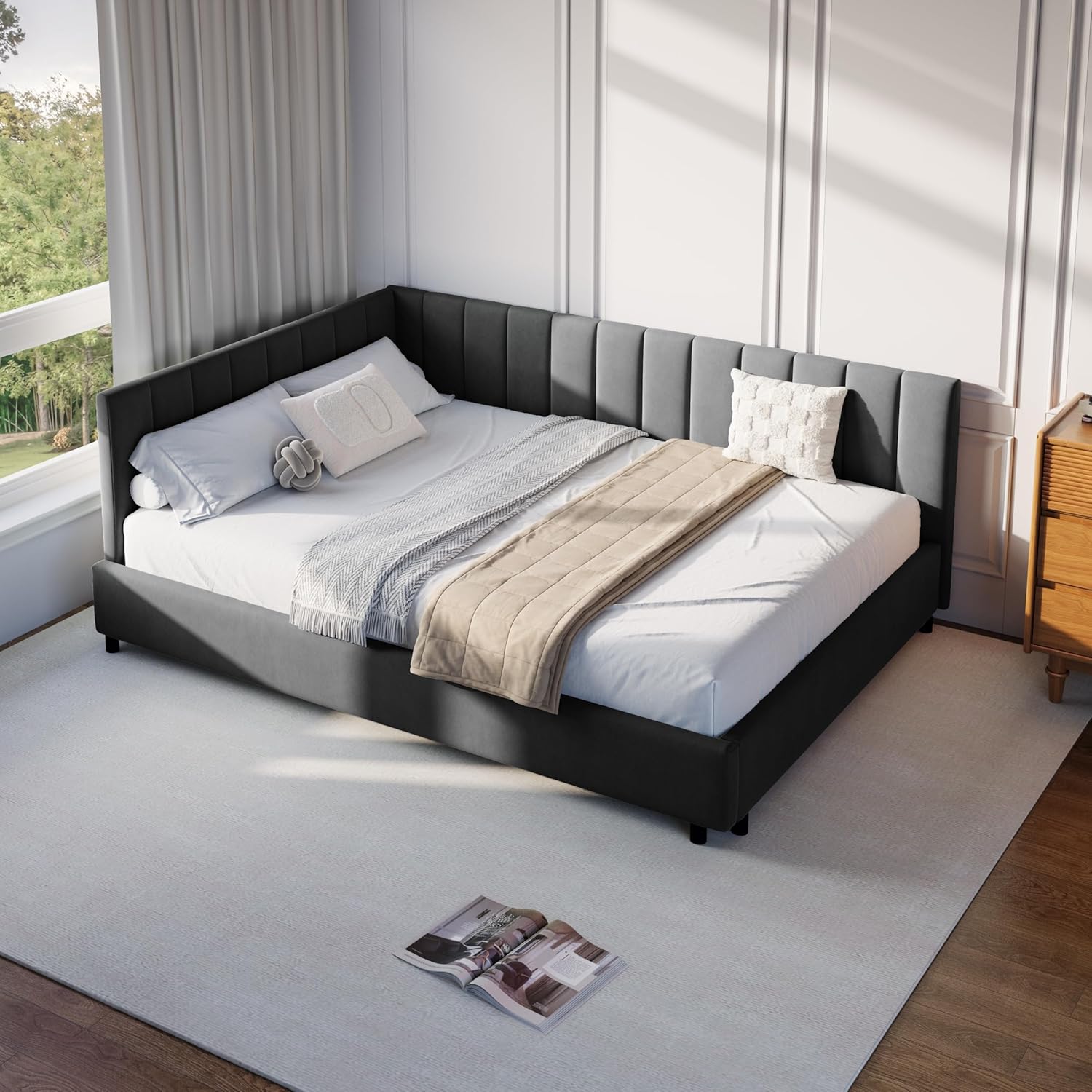 DEINPPA Full Size L-Shape Corner Bed Frame, Velvet Upholstered Channel Tufted Daybed, Floor Platform Bed with Soft Headboard for Bedroom Nook, No Box Spring Needed-Black