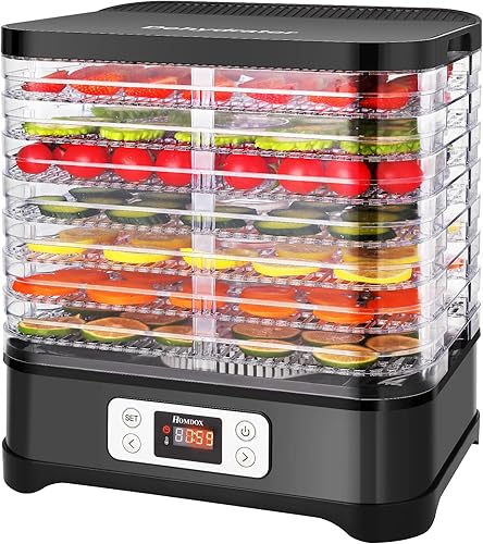 Homdox Deshidratador de alimentos, 8 bandejas sin BPA con hoja de rollo de frutas, temporizador 72H y control de temperatura 95-158, deshidratador